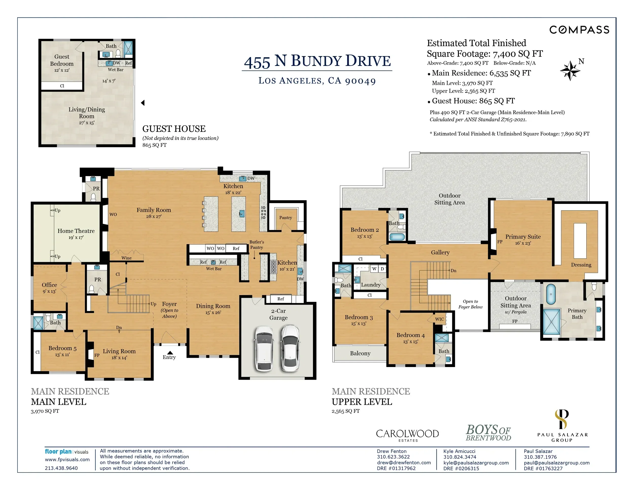 Floor plan of a two-story house with labeled rooms including guest house, main residence, and outdoor areas. Main residence has main and upper levels, with bedrooms, bathrooms, kitchen, living room, office, and garage. Guest house contains bedroom an