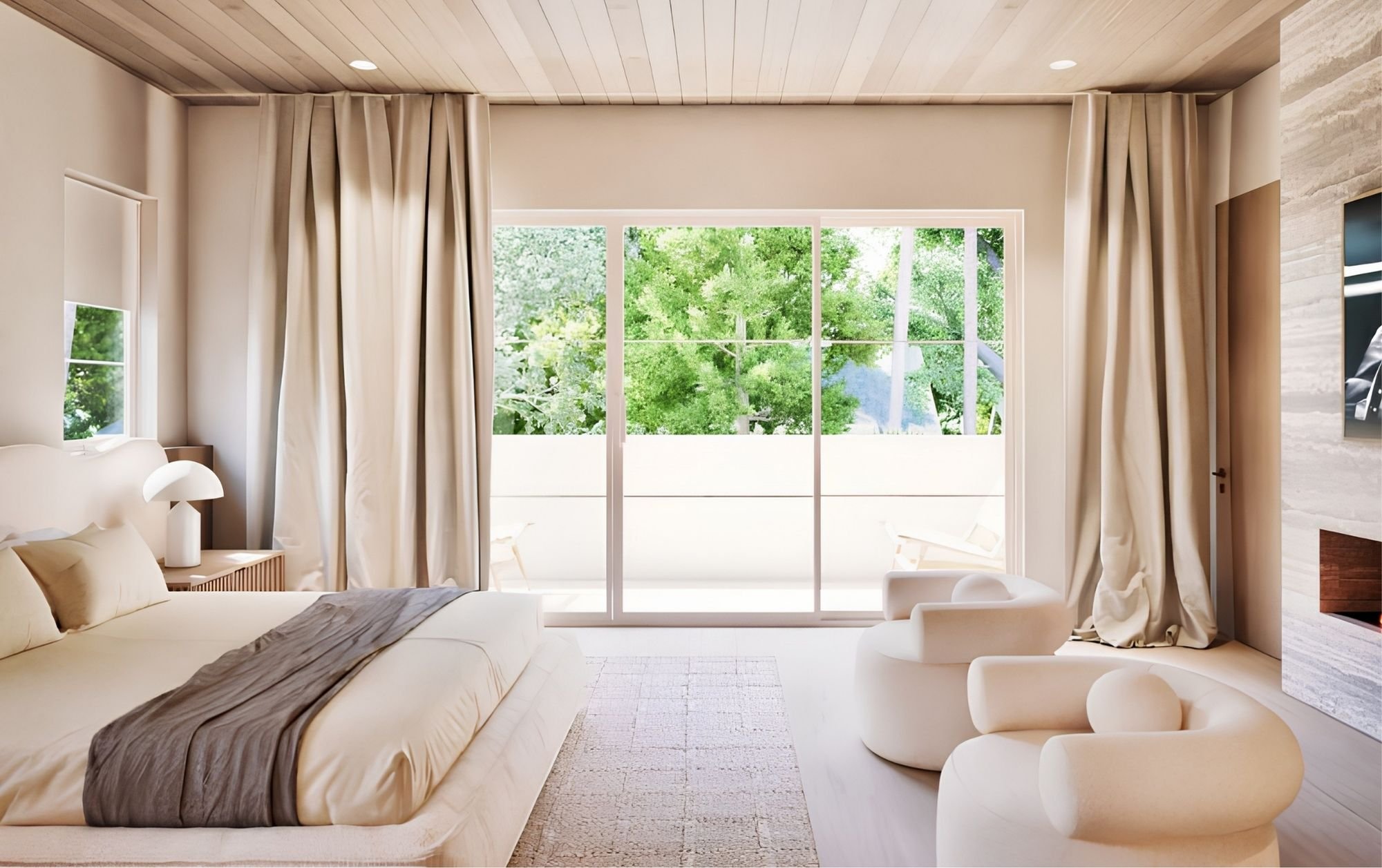 A modern bedroom with a large glass sliding door opening to a green outdoor view, beige curtains, a bed with neutral bedding, white chairs, and minimal decor.