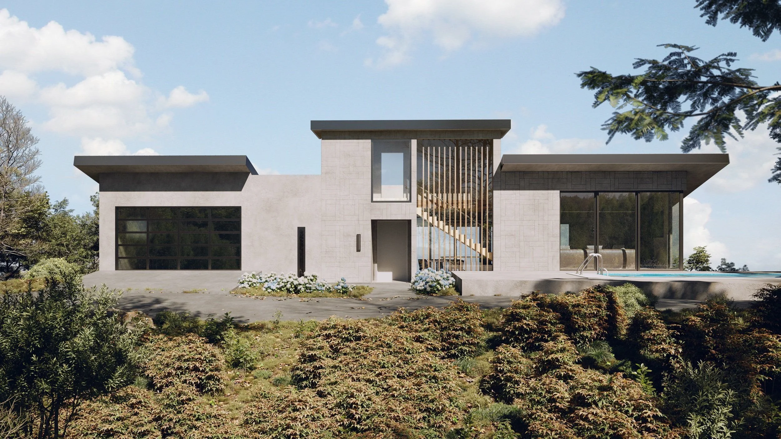 Modern house with flat roofs, large windows, and a glass staircase visible through a wooden slat divider. Surrounded by landscaped plants and trees, with a cloudy blue sky in the background.