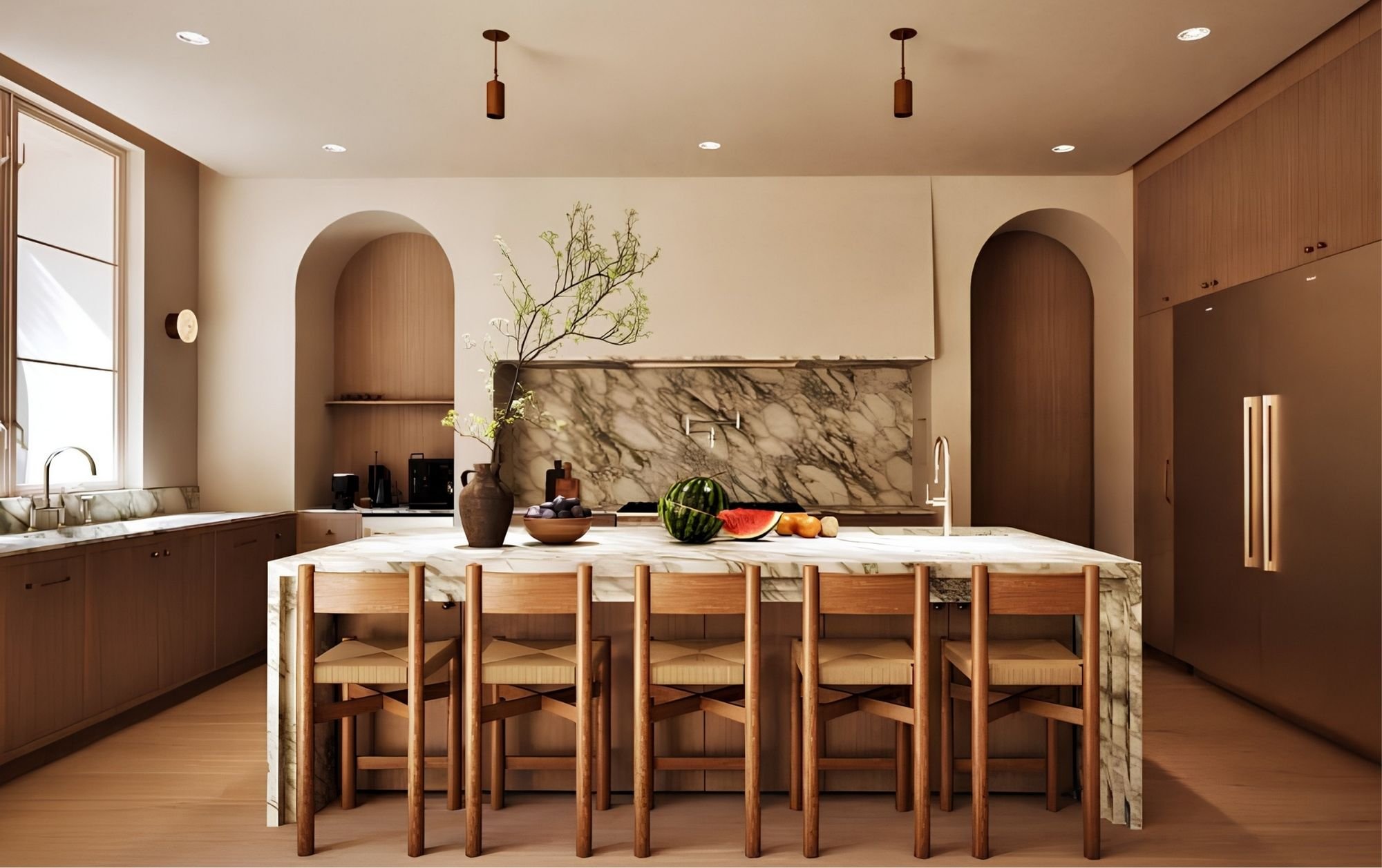 Modern kitchen with wooden cabinets, marble island, fruit and a vase with branches on the counter, large windows, and minimalist lighting.