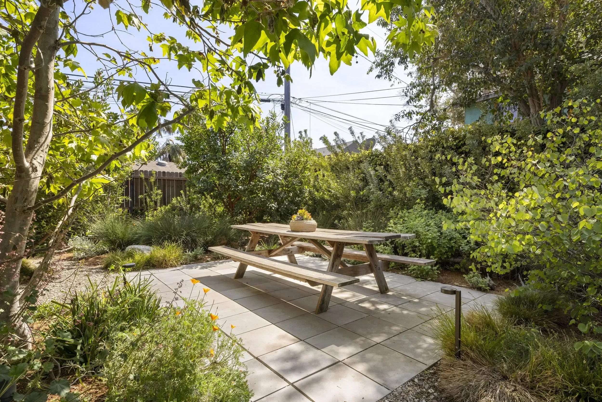 A backyard garden with a wooden picnic table on a tiled patio, surrounded by green plants and trees, with a wooden fence and utility wires in the background.