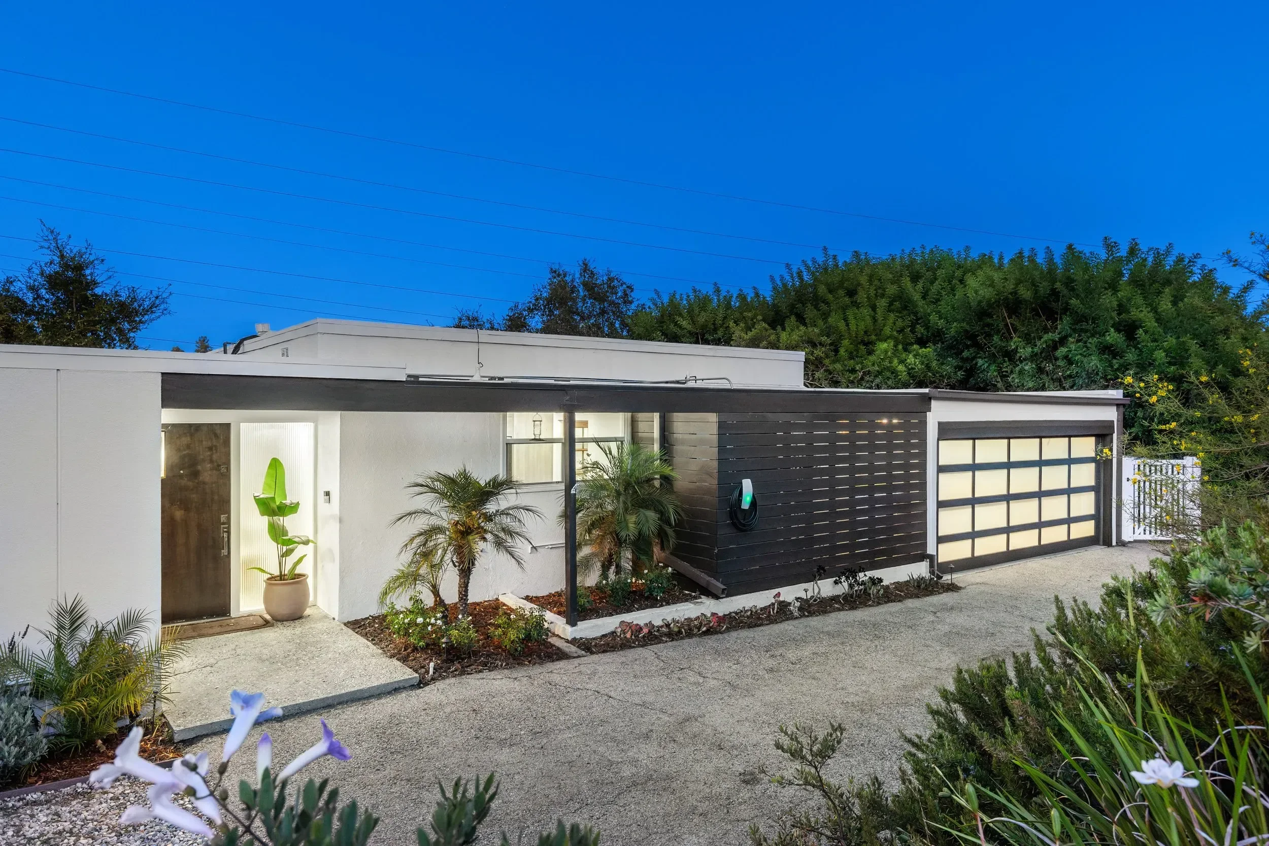 Modern white house with a flat roof, large windows, landscaped front yard with small trees and plants, and a black and beige garage door, set against a backdrop of green trees and a blue sky.
