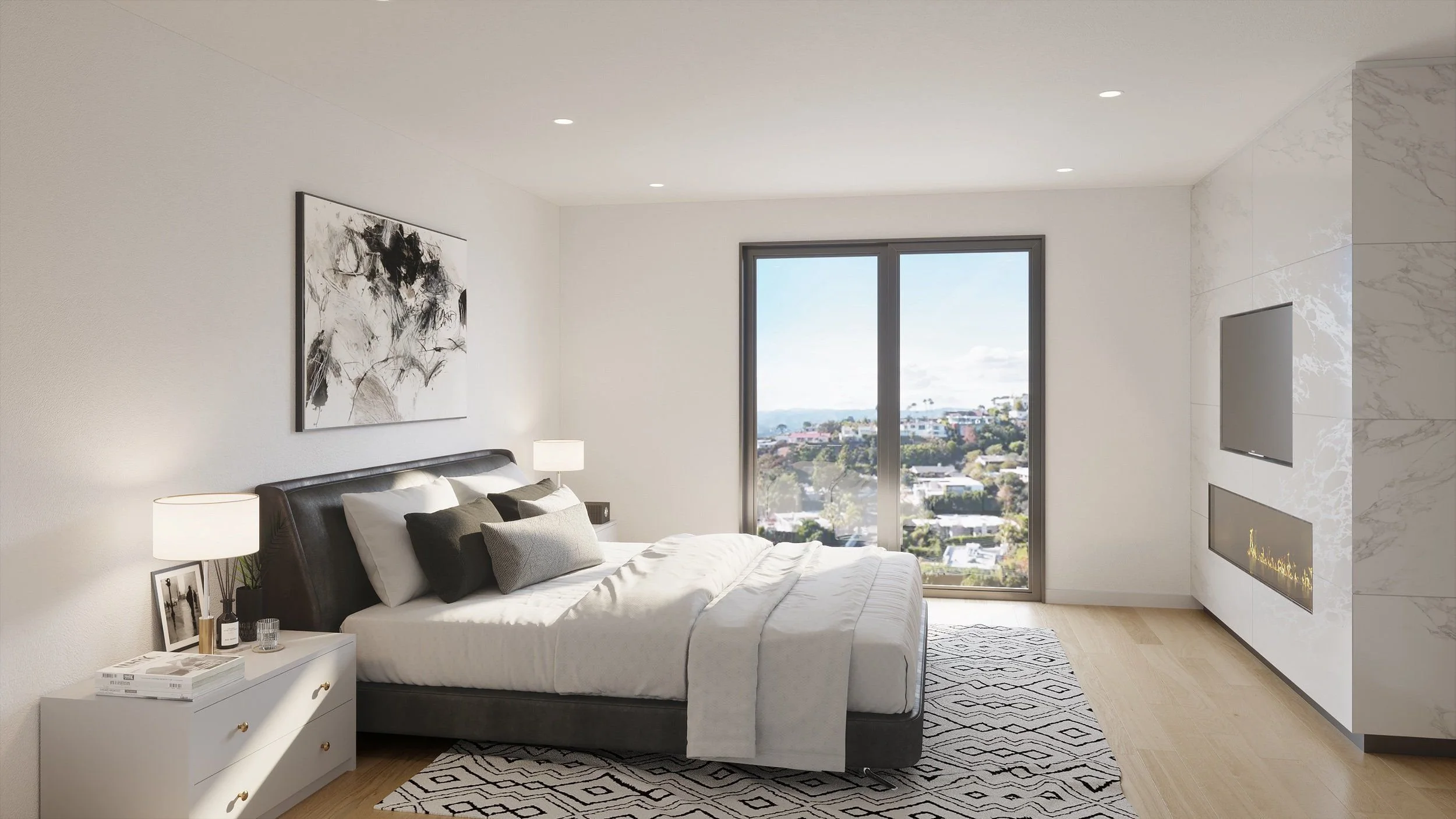 Modern bedroom with large window showing a city view, white walls, a bed with white and gray bedding, bedside table with lamps and decor, abstract wall art, and a marble accent wall with a built-in fireplace.