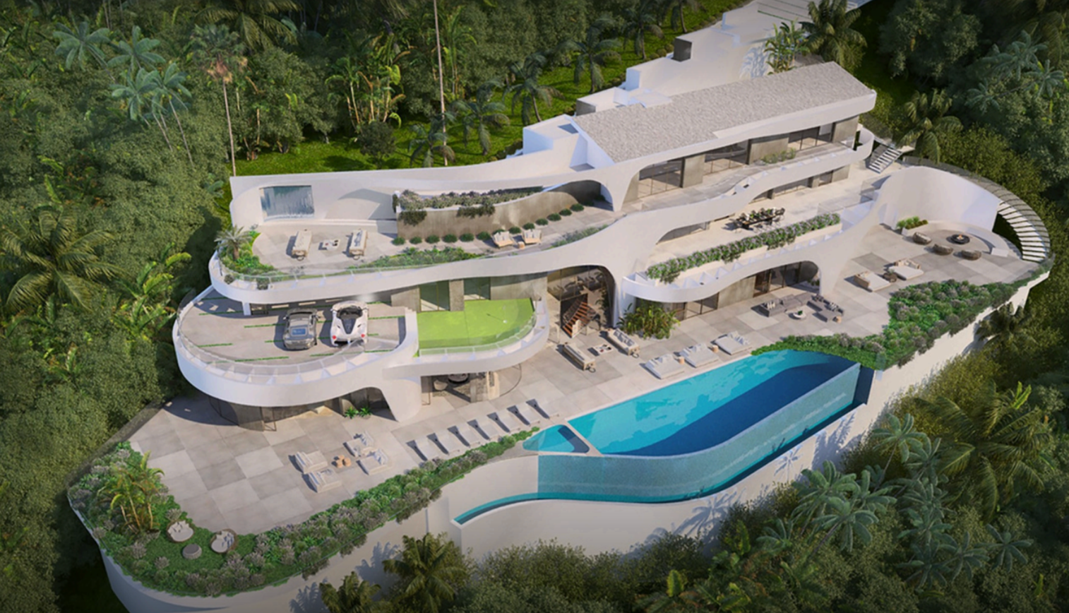 A render of a modern home with a large swimming pool