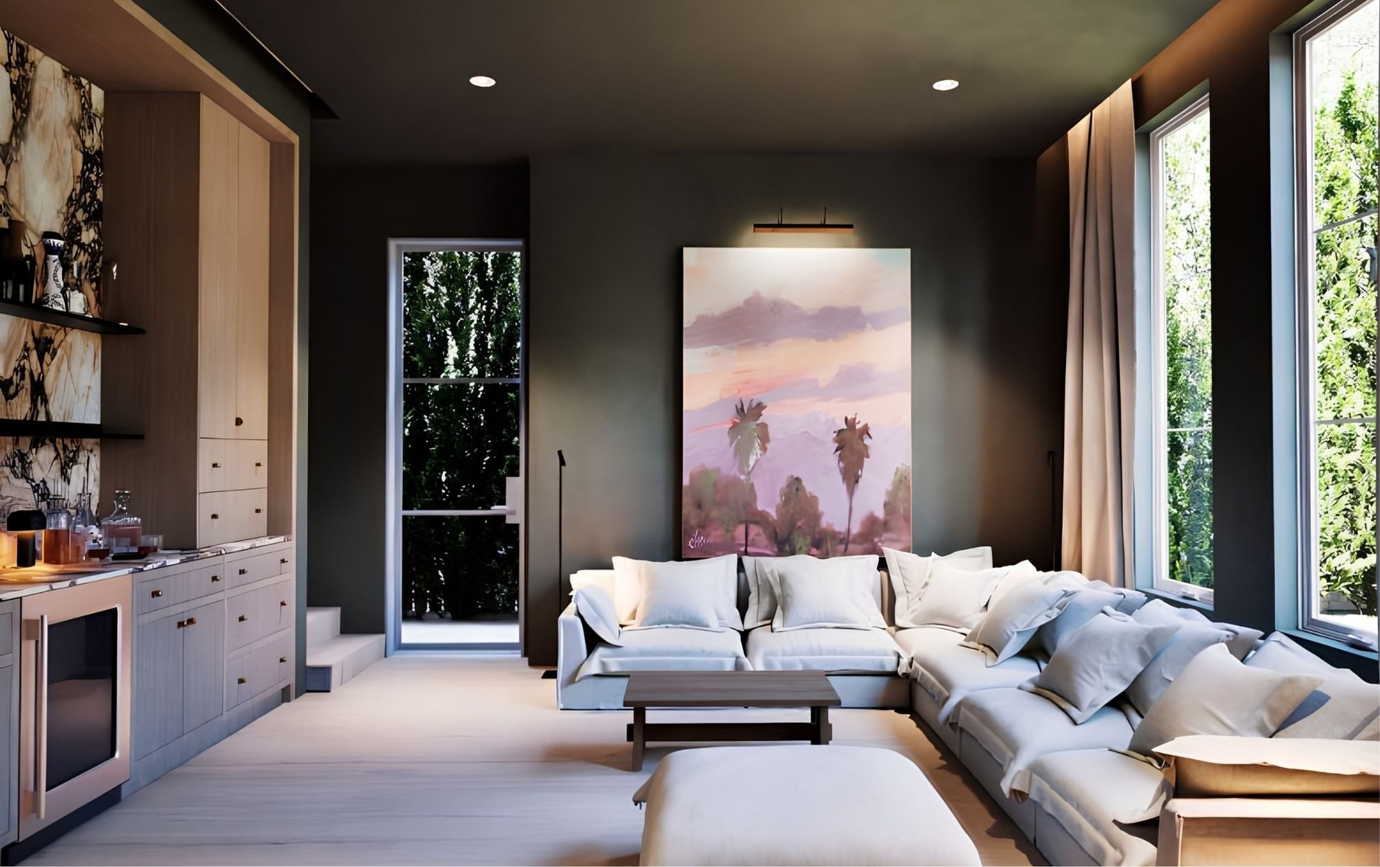 Modern living room with large windows, a white sectional sofa, a mountain landscape painting, and a built-in cabinet.