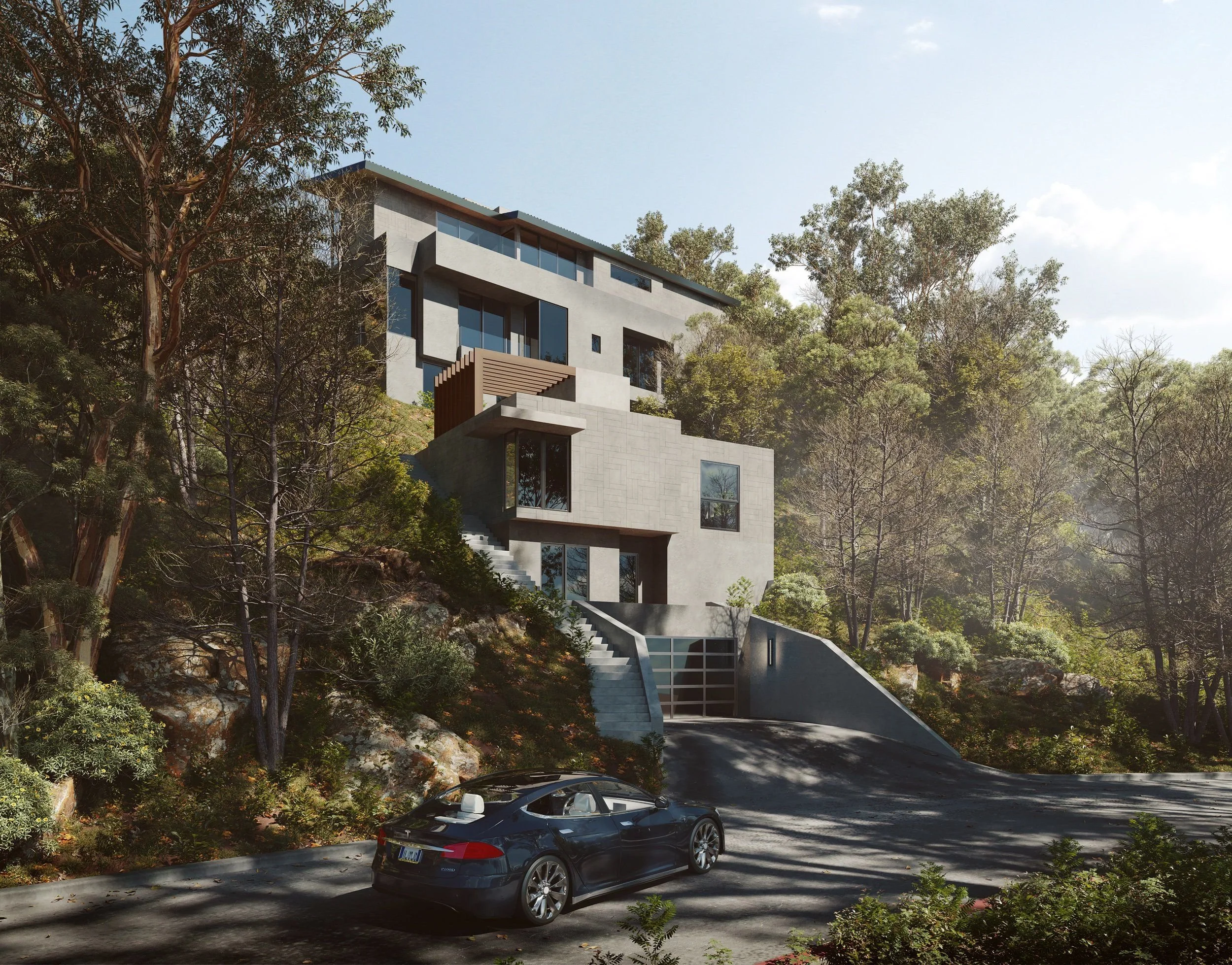 Modern multi-story house with large windows, surrounded by trees, with a driveway and a black sports car parked in front.