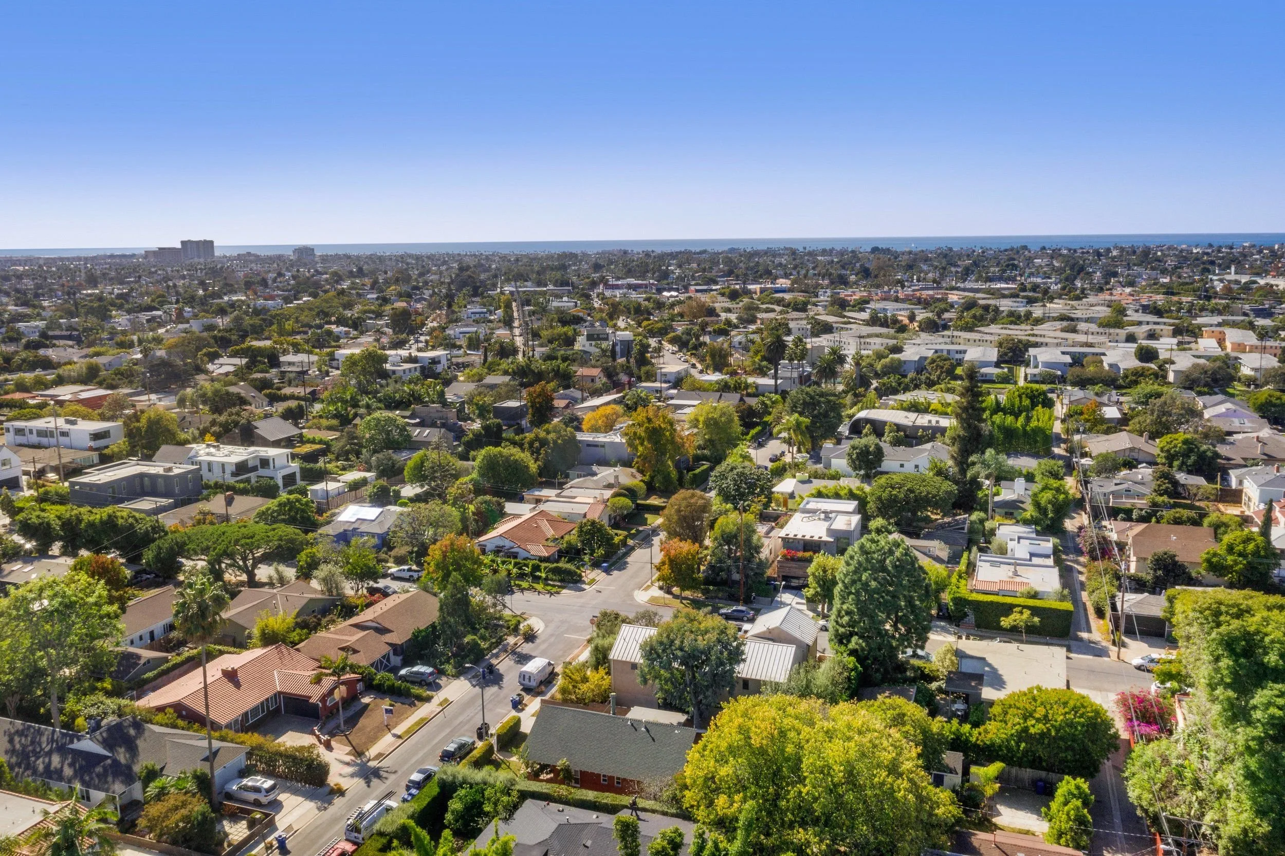 Aerial view of a suburban neighborhood with houses, trees, and streets, with the ocean and a clear blue sky in the background.