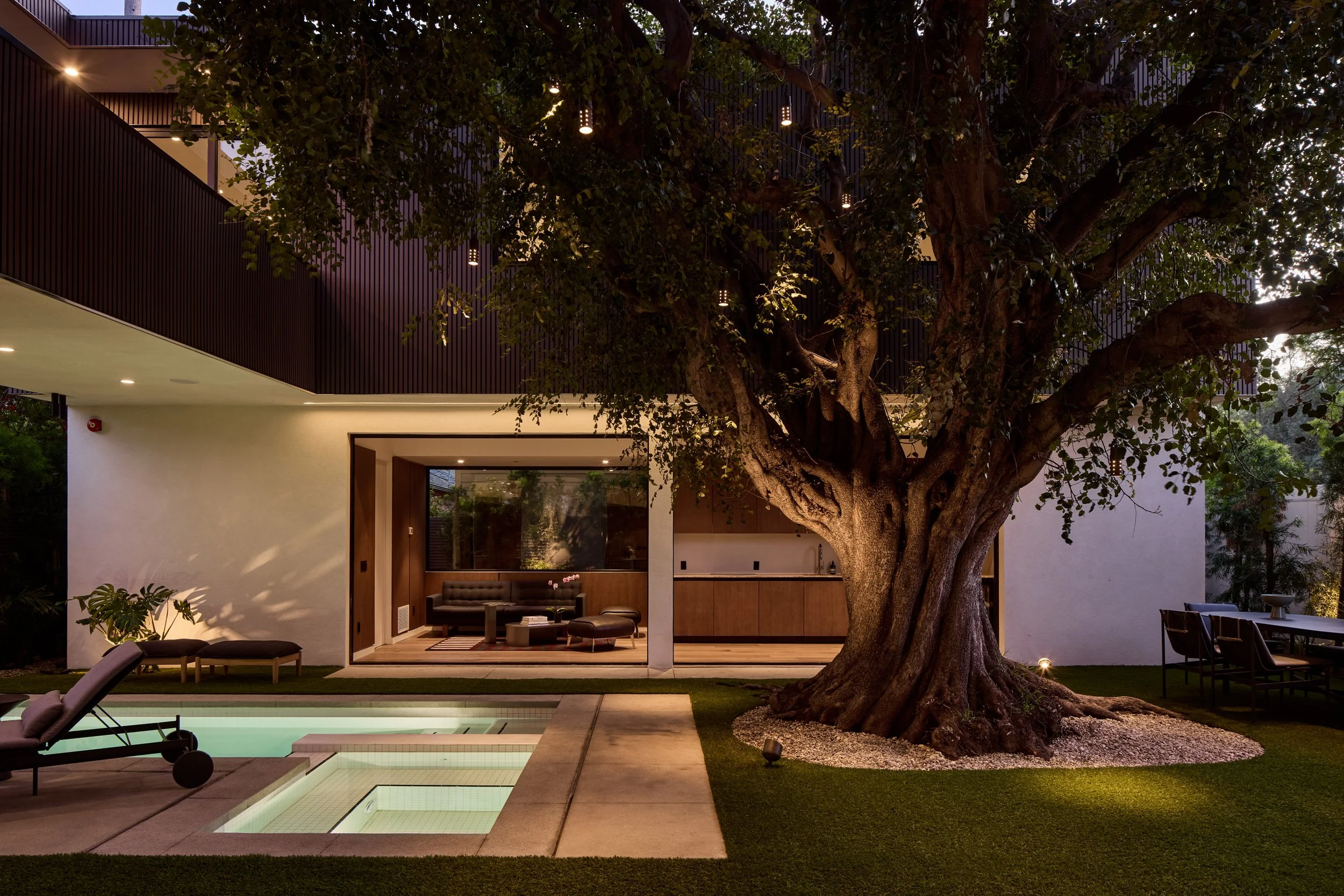 Modern house with large tree in backyard, illuminated outdoor furniture, swimming pool, and poolside lounge chairs during evening.