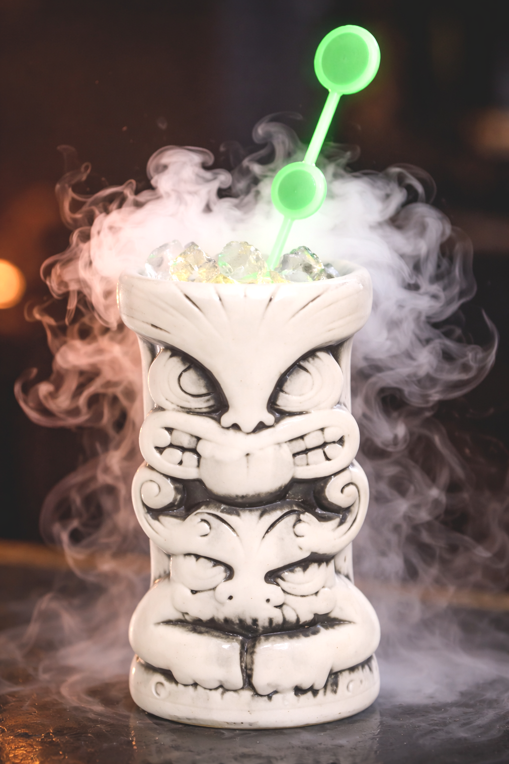 A tiki-style ceramic mug with a fierce facial expression, filled with a green glow stick and ice, with smoky vapor rising around it.