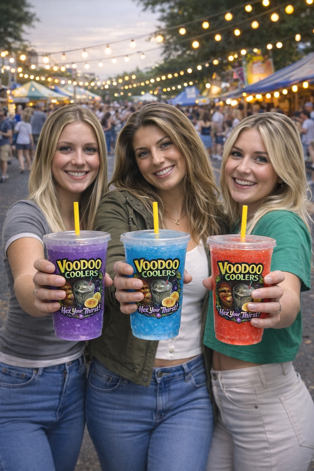 Three young women at an outdoor fair or festival, holding colorful Voodoo Coolers drinks and smiling at the camera, with string lights and tents in the background.