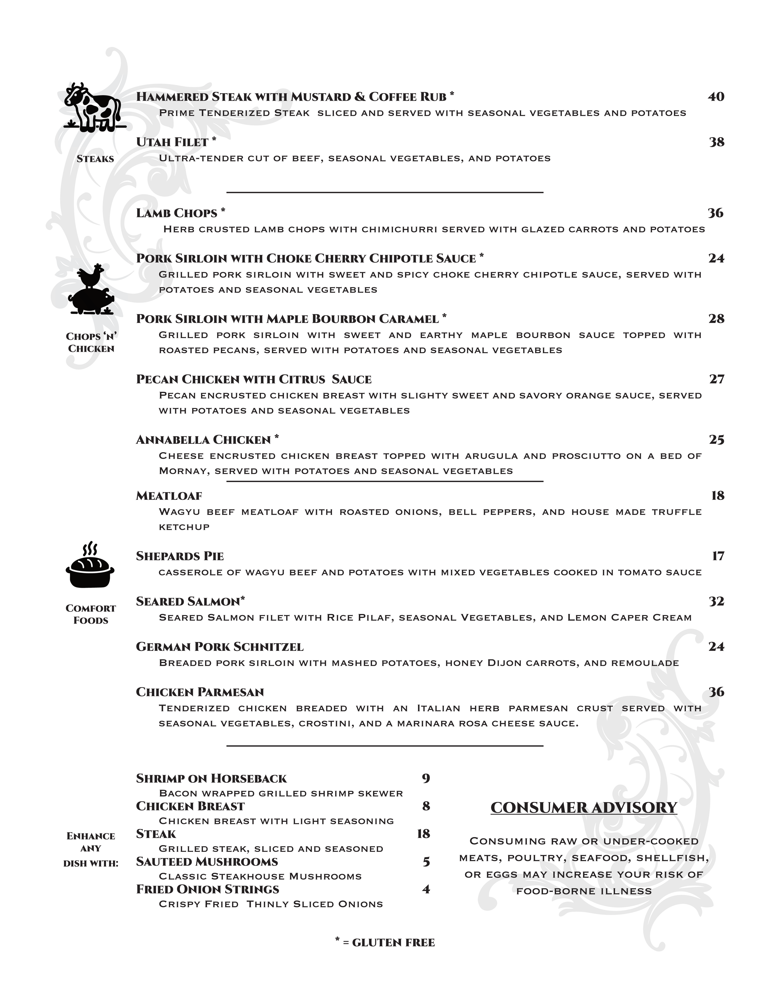A restaurant menu with various meat and seafood dishes including grilled steak, Utah filet, lamb chops, pork sirloin, chicken, salmon, schnitzel, and others, with prices listed.