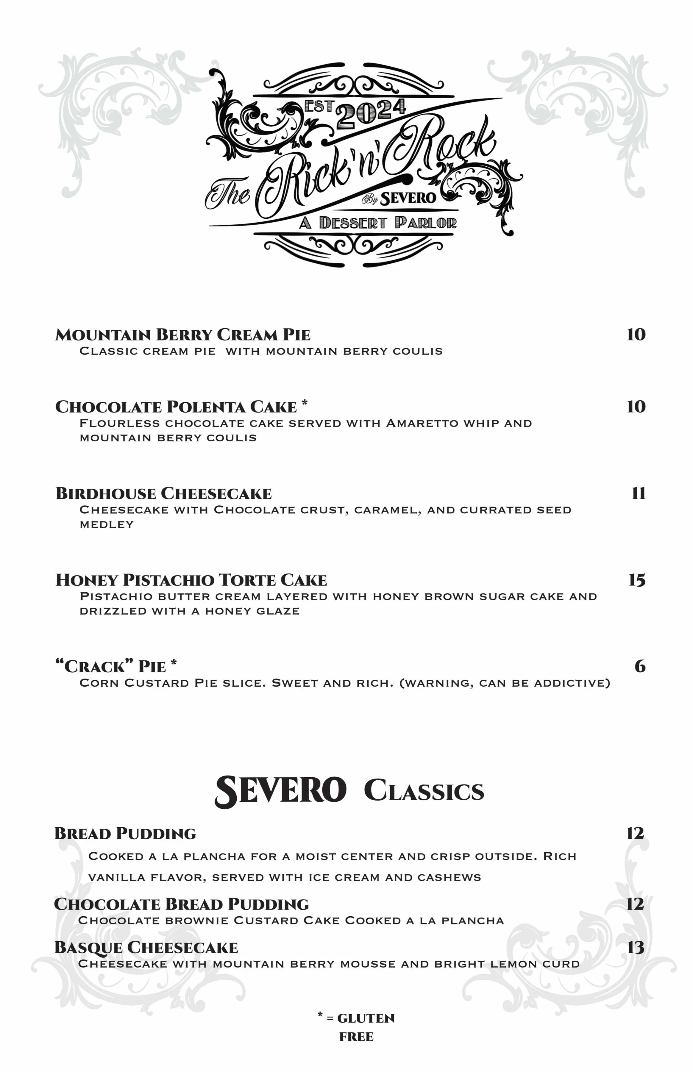 Menu from The Rick'n'Rock Dessert Parlour, listing desserts such as Mountain Berry Cream Pie, Chocolate Polenta Cake, Birdhouse Cheesecake, Honey Pistachio Torte Cake, and Crack Pie, along with classic desserts like Bread Pudding, Chocolate Bread Pud