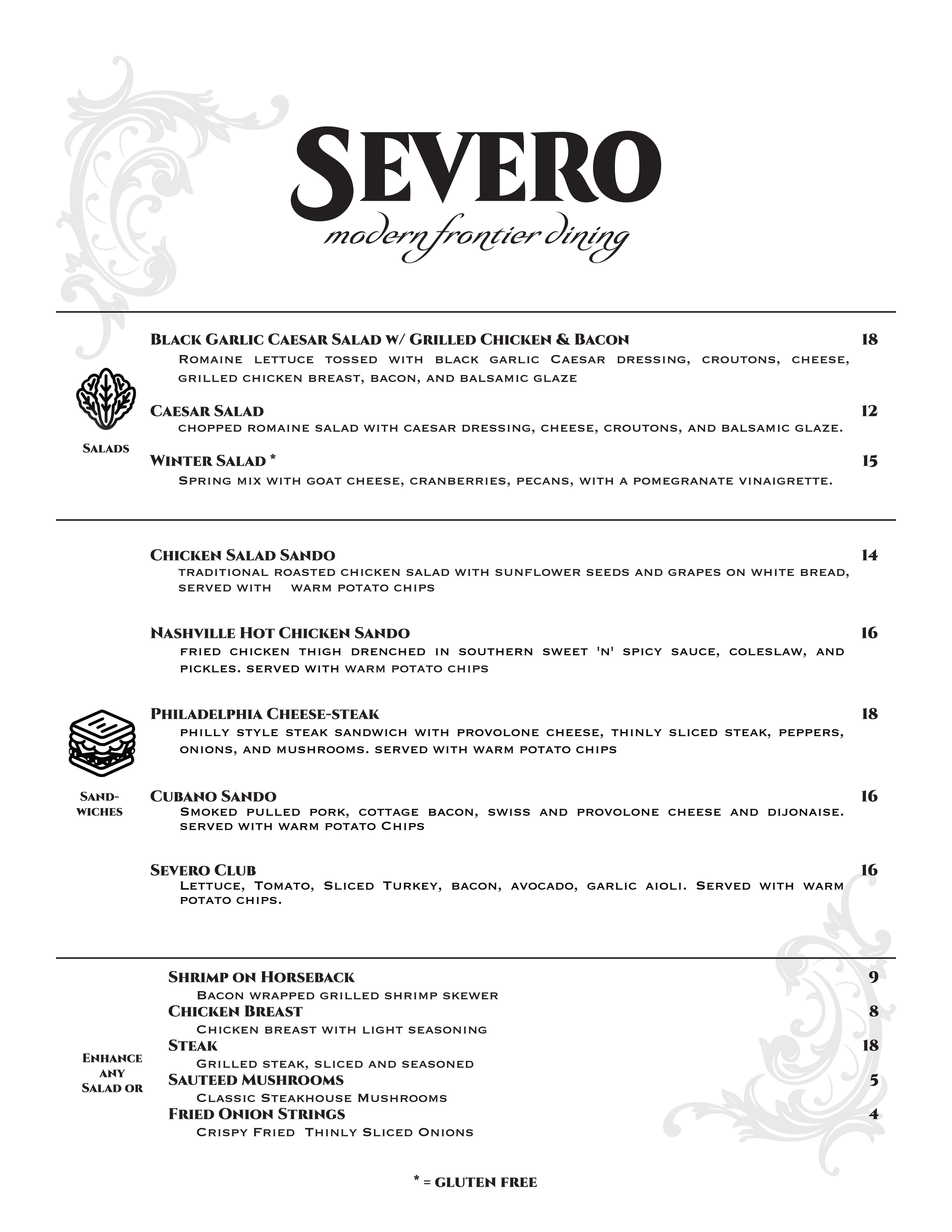 Menu from Severo restaurant featuring salads, sandwiches, and other dishes with descriptions and prices.
