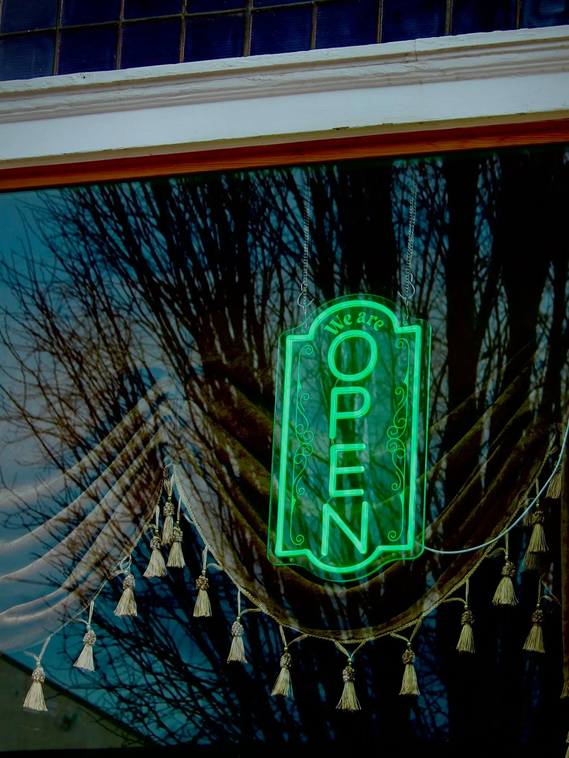 Green neon sign that reads "We are OPEN" hanging in a window, reflecting bare tree branches outside.