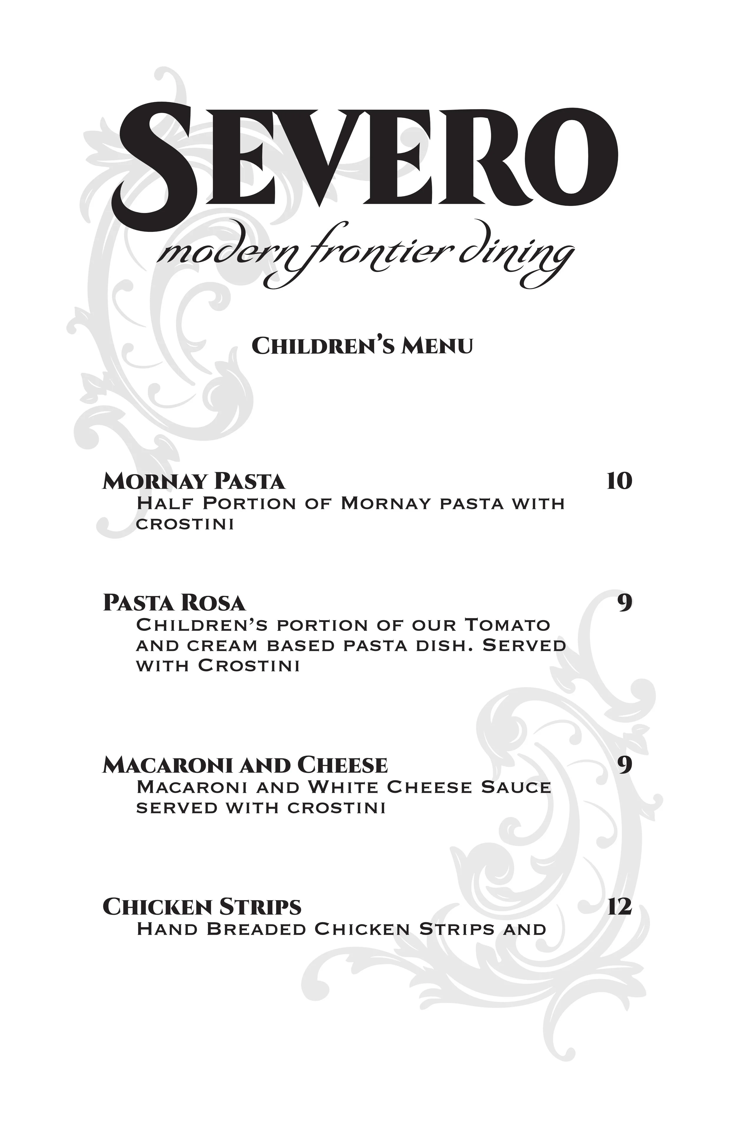 Children's menu for Severo, a modern frontier dining restaurant, listing various pasta dishes and their prices.