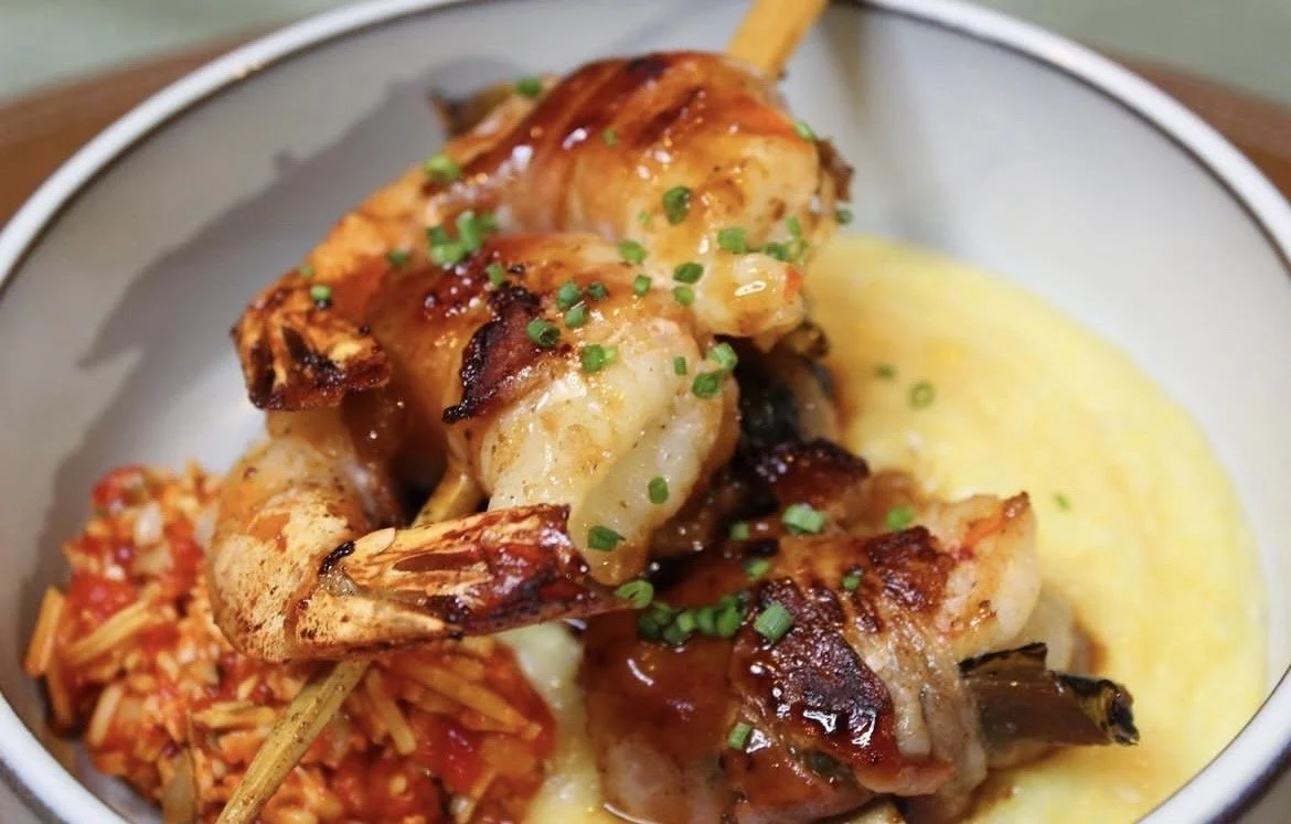 Our Shrimp on Horseback with Cajun Grits 