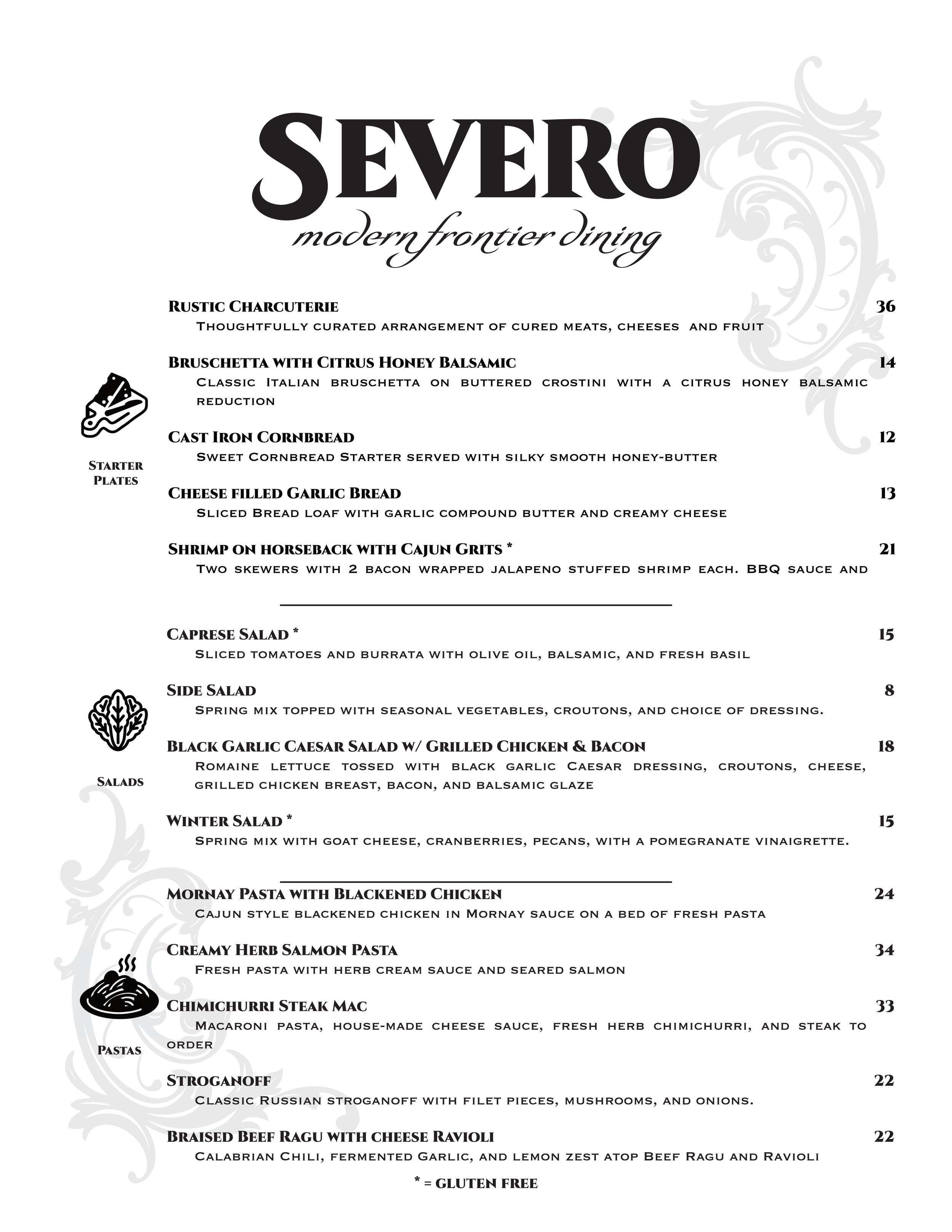 Severo Modern Frontier Dining menu featuring items like rustic charcuterie, bruschetta, cornbread, breads, shrimp, salads, pasta, and steak.