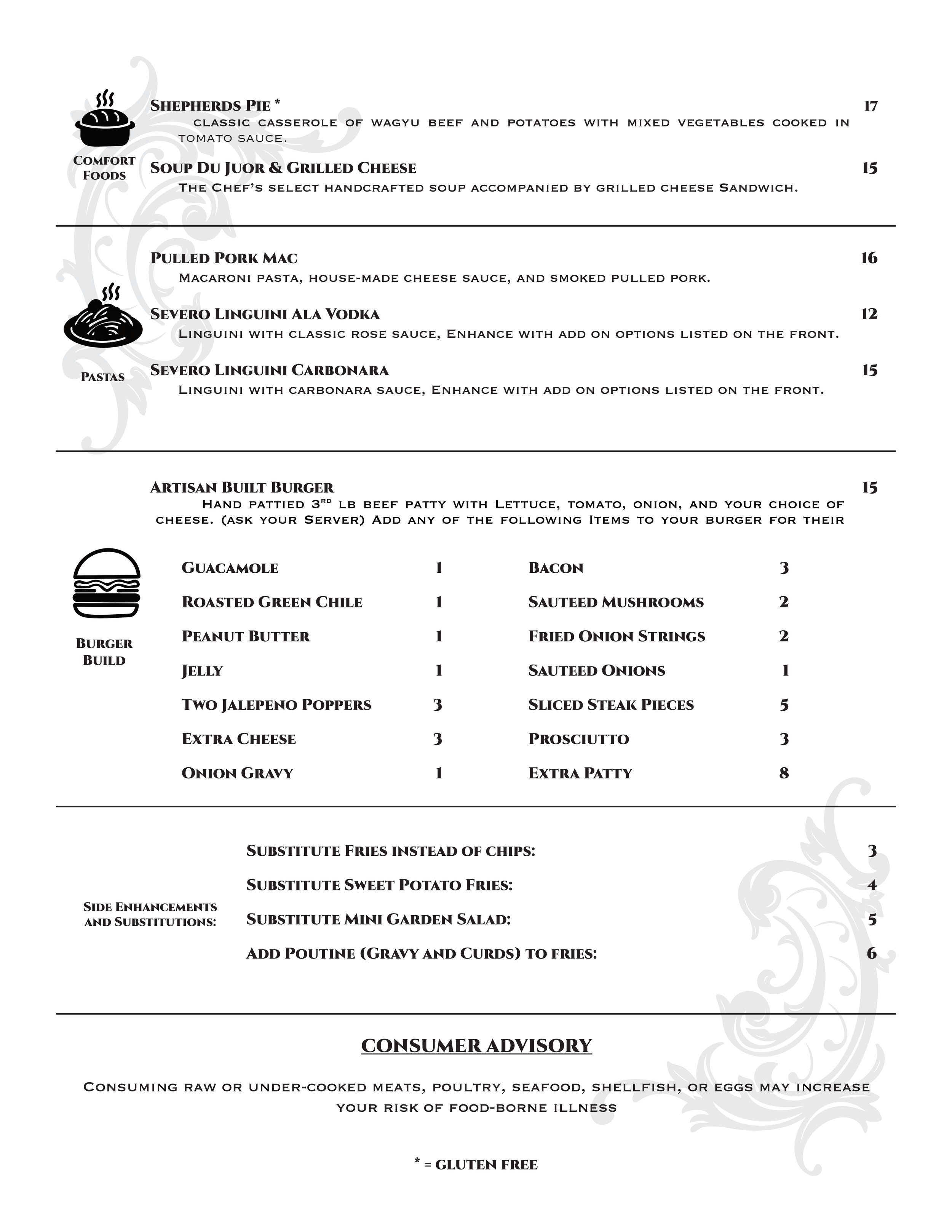 Menu with sections for Shepard's Pie, Soup du Jour & Grilled Cheese, Pulled Pork Mac, Severo Linguini Ala Vodka, Severo Linguini Carbonara, and a Burger Build option with various toppings.