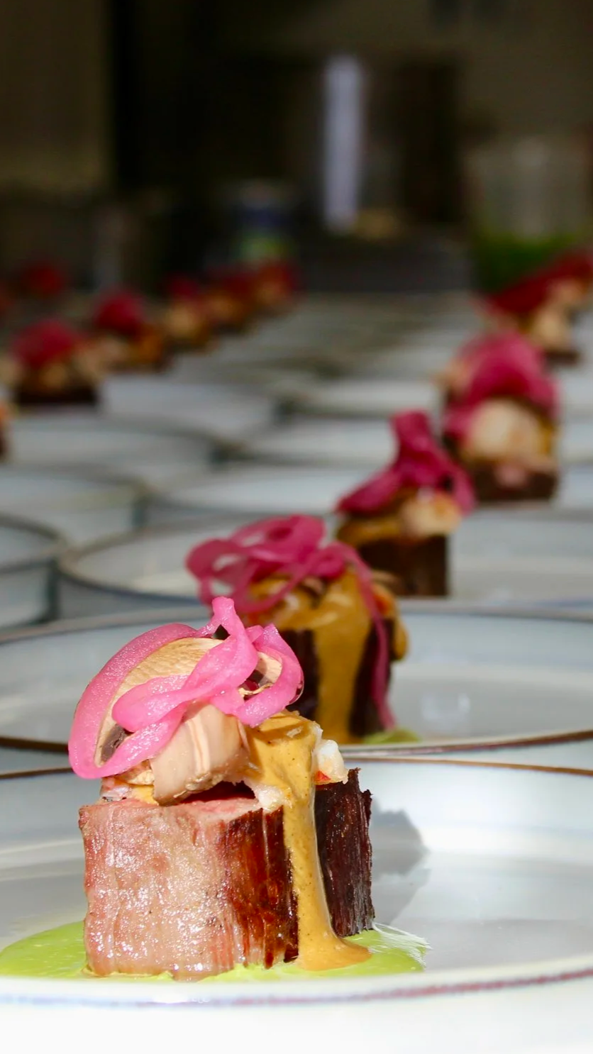 Close-up of a gourmet dish with a piece of cooked meat topped with pink pickled onions, drizzled with sauce, on a white plate.