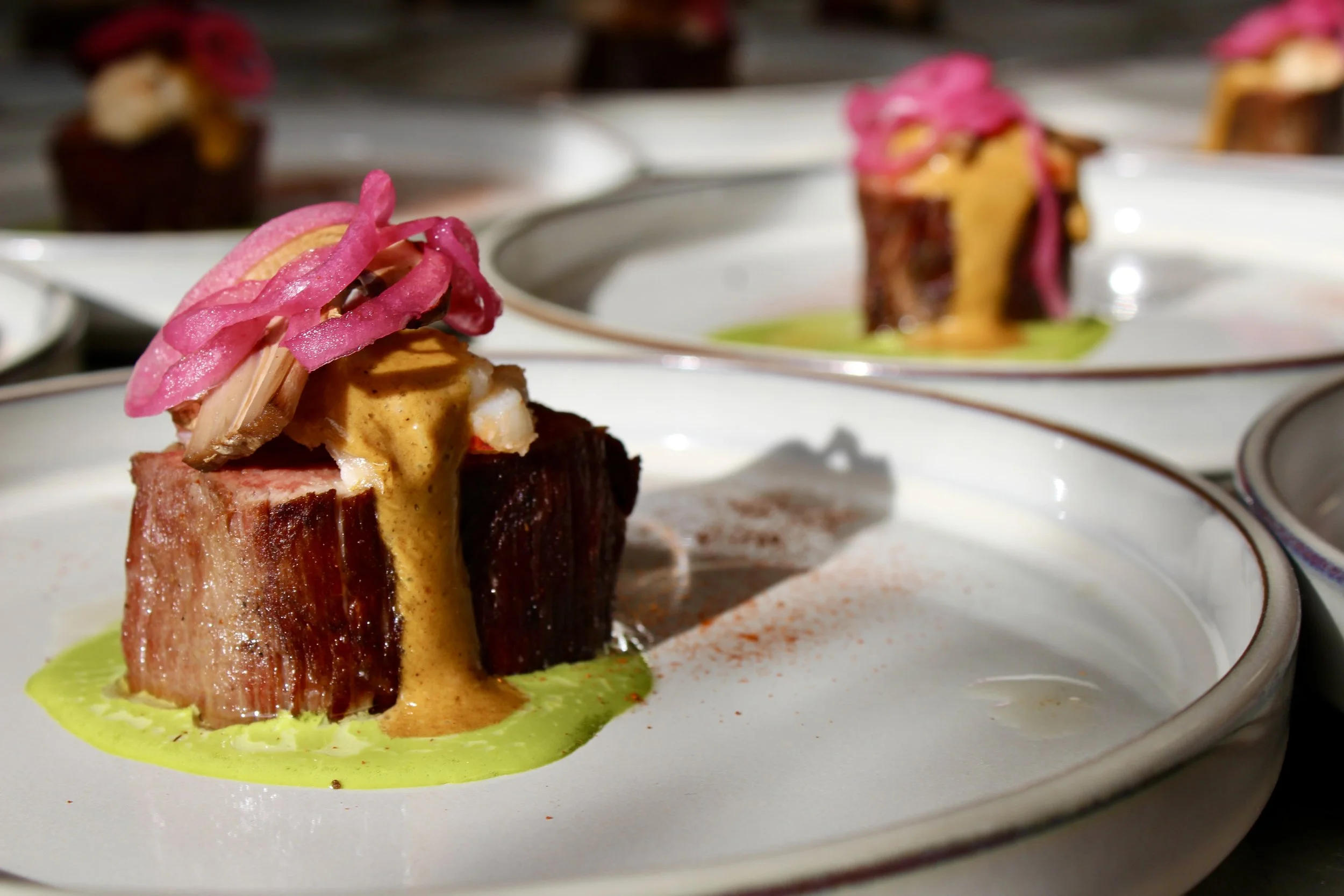 Closed-up of plated gourmet beef dish with green sauce and pickled onions, served on a white plate.