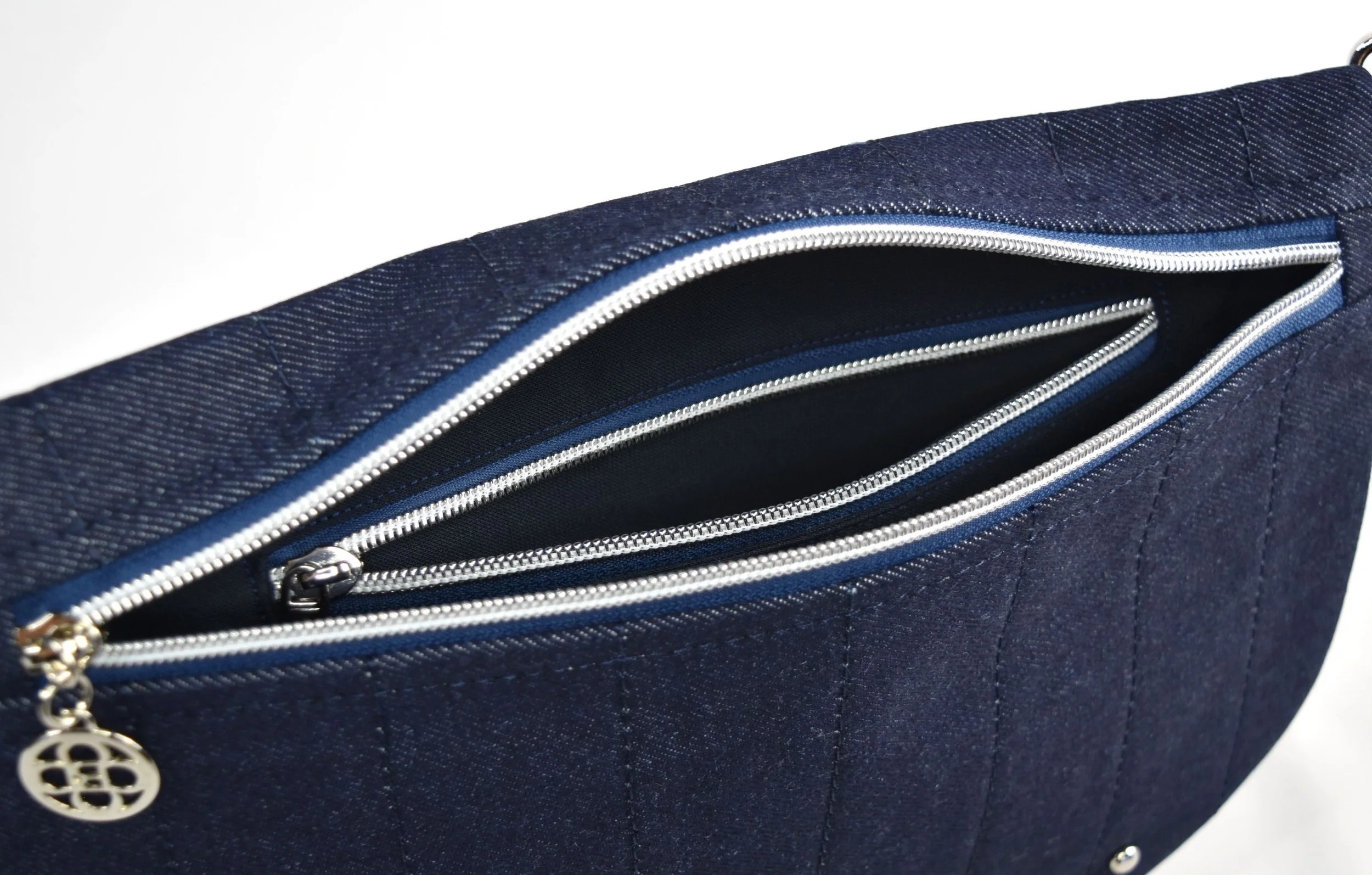 Blue Denim Bum Bag A Silver Interior 1.JPG