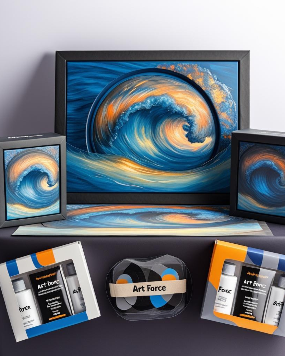 Assorted art supplies and framed paintings of ocean waves with a fiery sunset, featuring tubes of art paint, a brush, and a black and orange themed art kit.