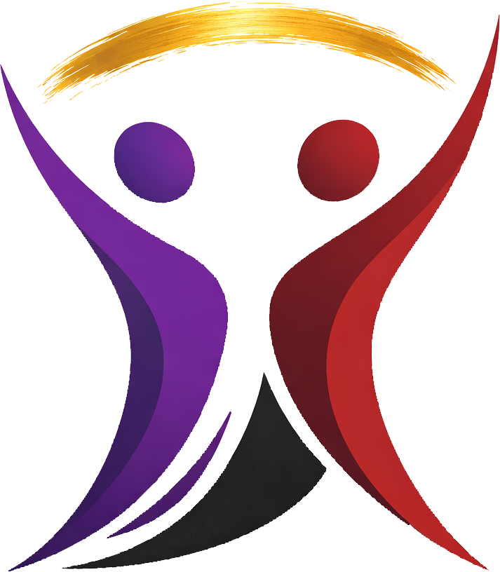 Abstract logo with two stylized human figures, one purple and one red, reaching towards each other with curved lines, set above a gold half-circle, symbolizing partnership or collaboration.