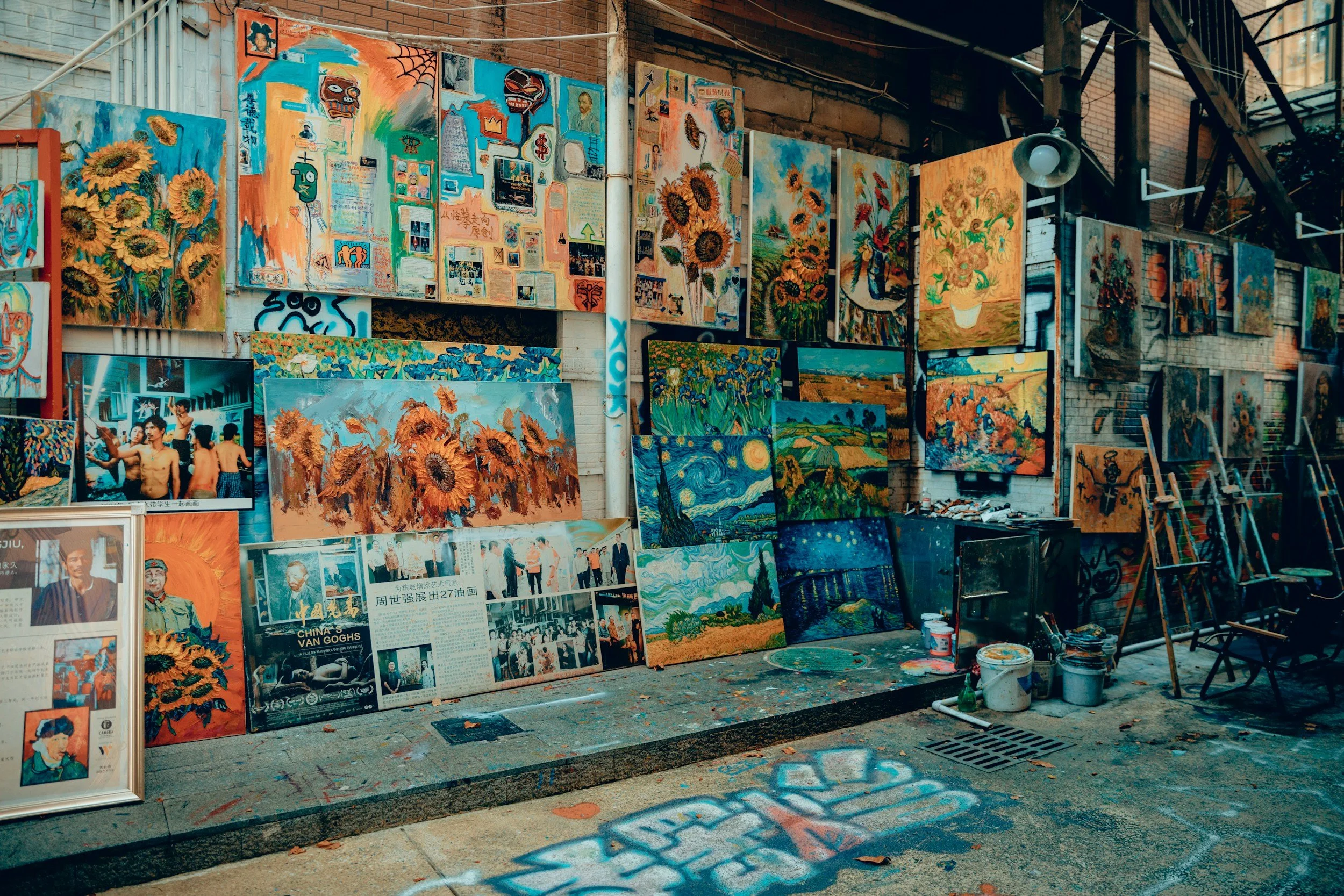 Outdoor art display with multiple colorful paintings, including sunflower and landscape scenes, on brick and wood walls. Art supplies and folded chairs are on the ground.