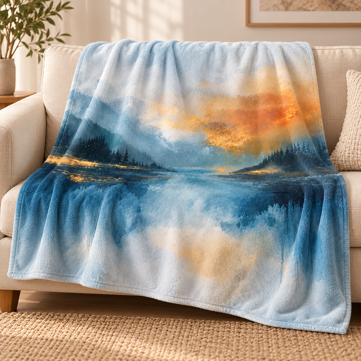 Morning Misty fine art blanket draped over a cream sofa