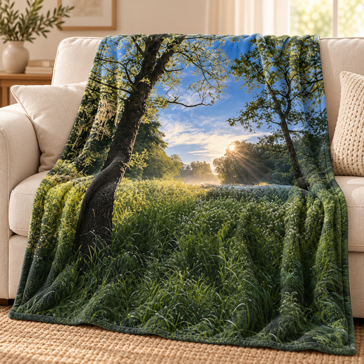 Whispering Oaks fine art blanket draped over a cream sofa