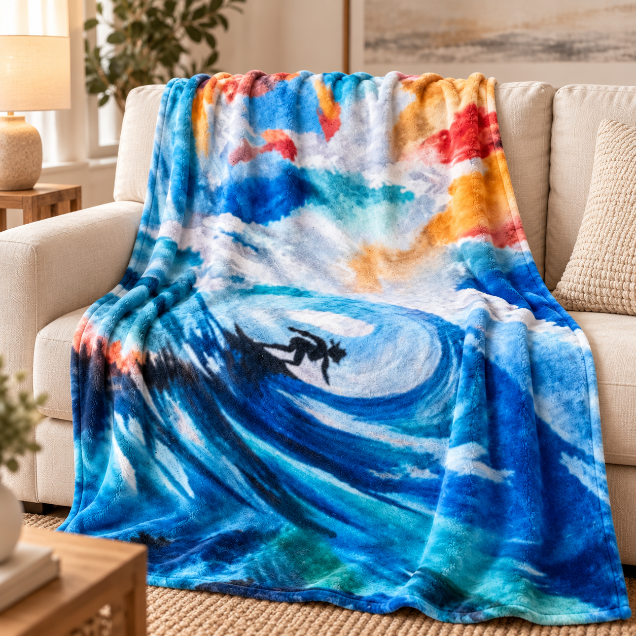 Blue Rider fine art blanket draped over a cream sofa
