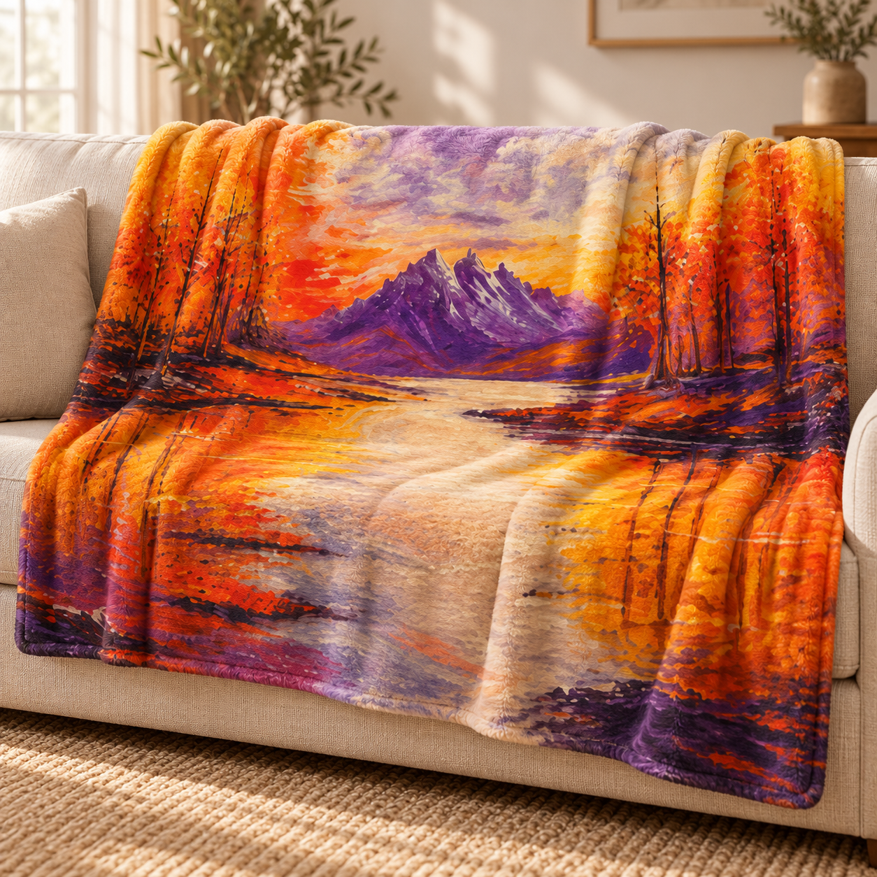 Golden Reflection fine art blanket draped over a cream sofa