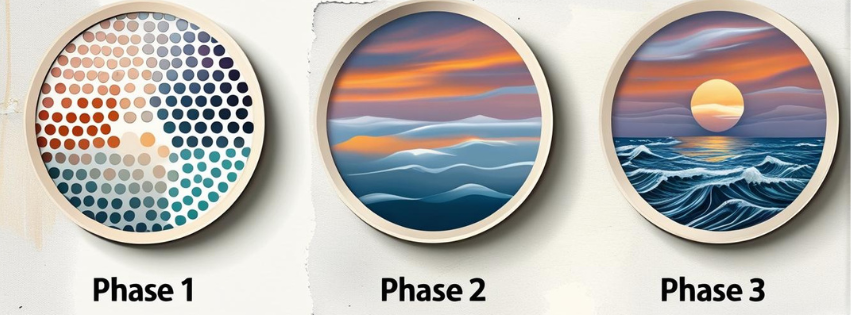Three circular images labeled Phase 1, Phase 2, and Phase 3, depicting different stages of a process or transformation with abstract and nature-inspired visuals.