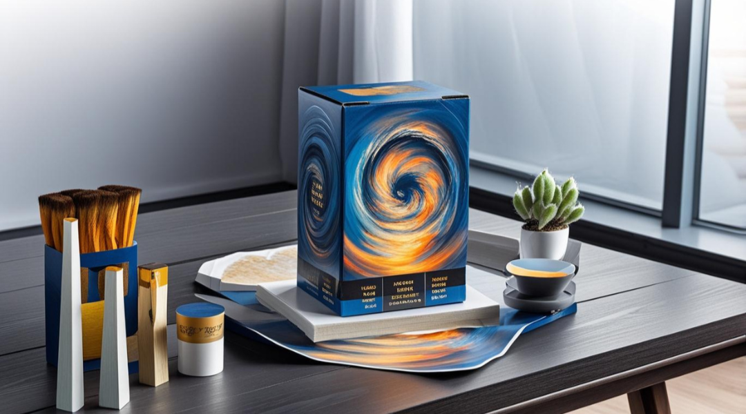 A table near a window with a box featuring a swirling storm pattern, paintbrushes, a candle, a potted succulent plant, a small bowl, and a plate with snacks.