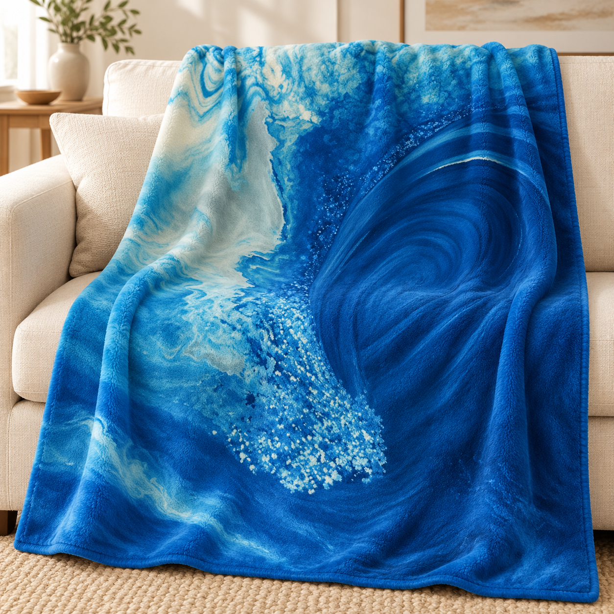 The Wave Within fine art blanket draped over a cream sofa