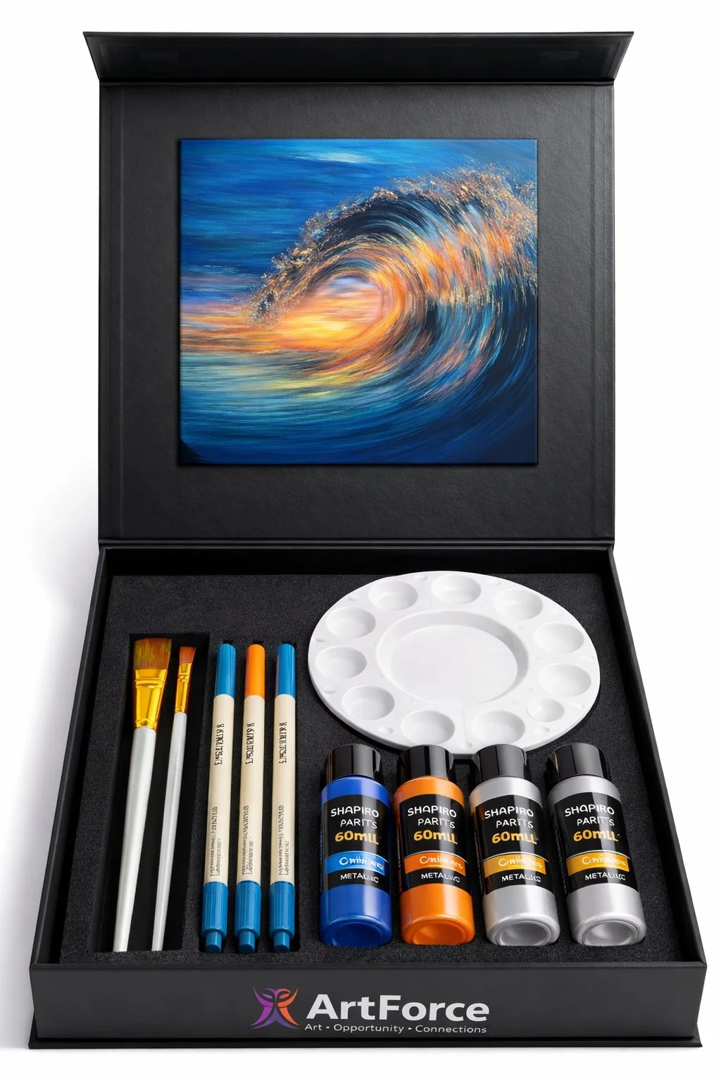 An art painting kit with brushes, paint bottles, a palette, and a painting of a colorful ocean wave in a box labeled 'ArtForce'.