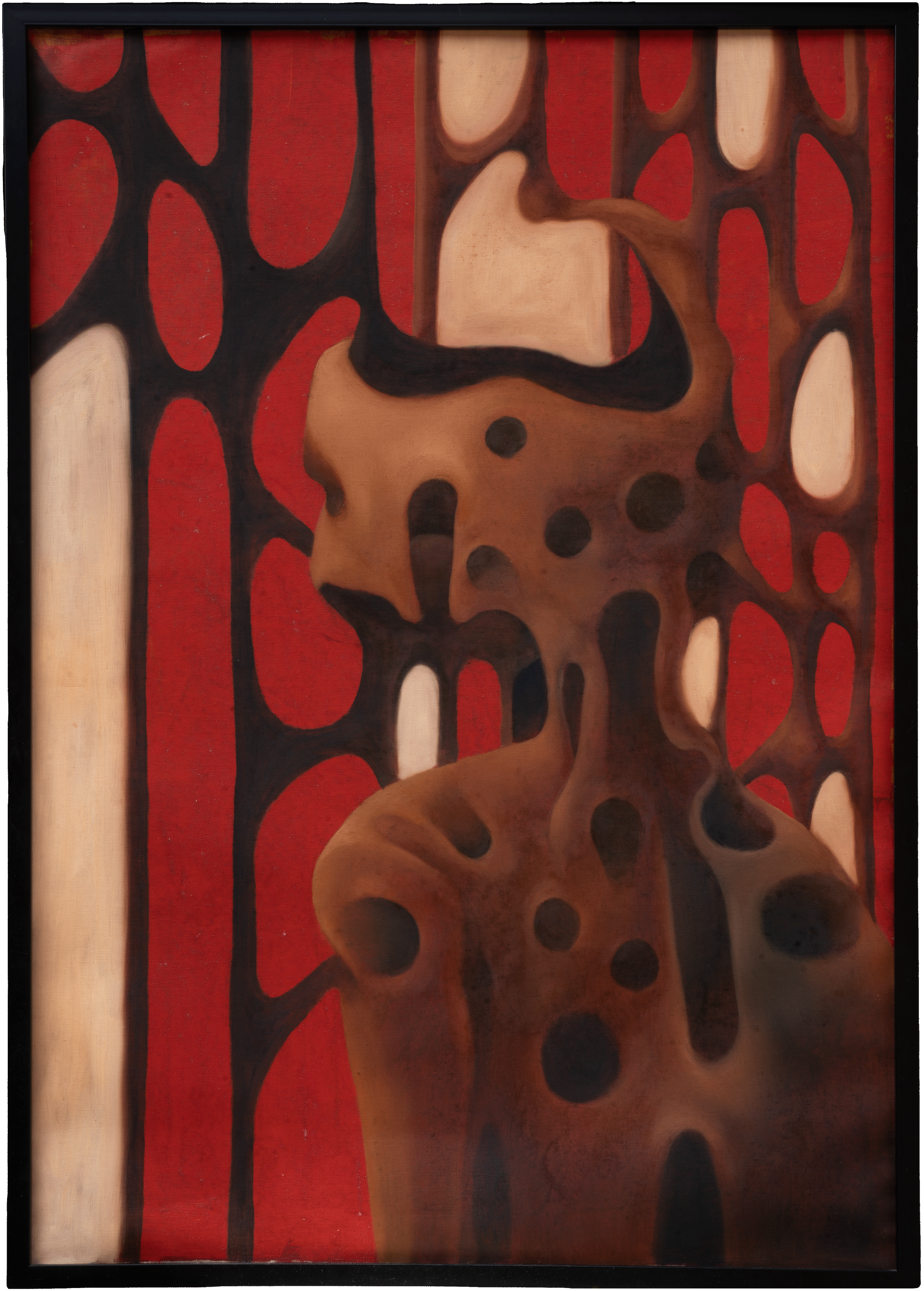 Abstract painting with black and brown organic shapes on a red background.
