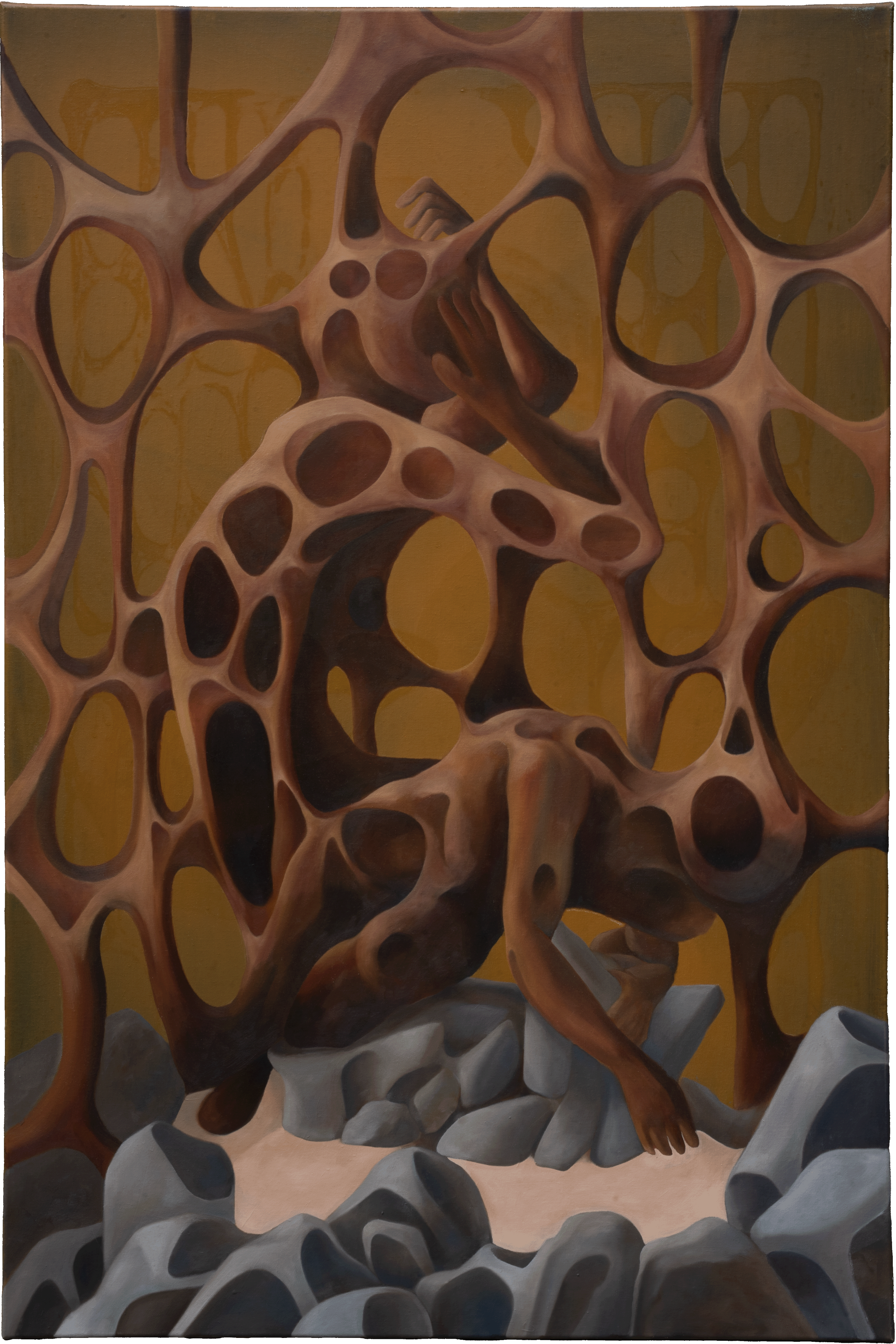 A surreal painting depicting a human figure intertwined with organic, web-like structures, surrounded by rocks and abstract formations.