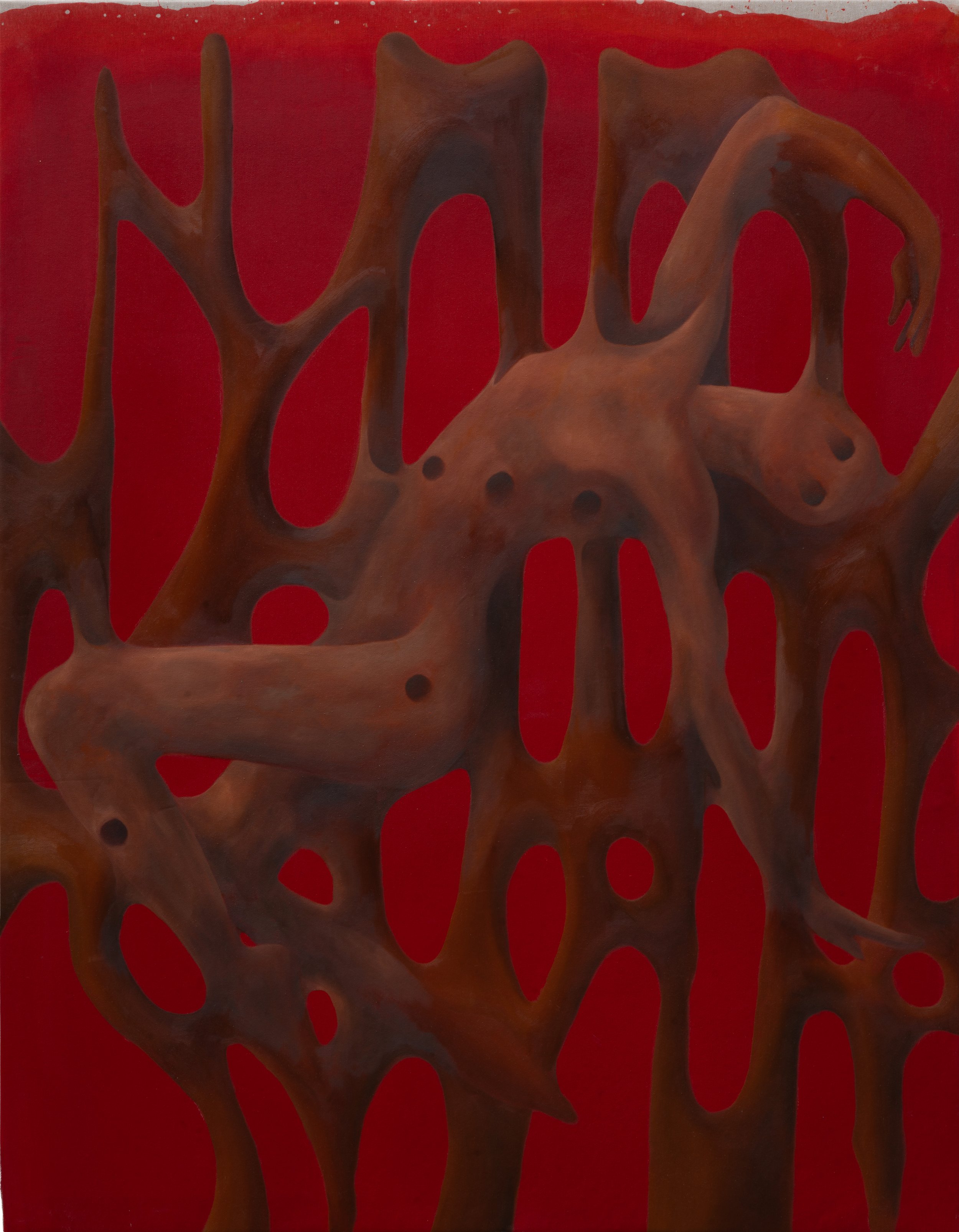 An abstract painting featuring organic, tree-like brown shapes with holes on a red background.