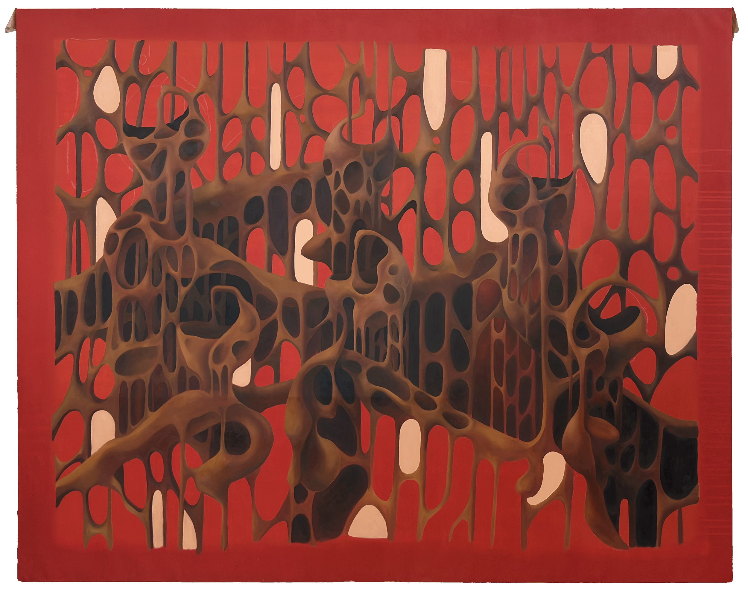An abstract painting with a red background, featuring interconnected, organic, honeycomb-like shapes in shades of brown, black, and beige.