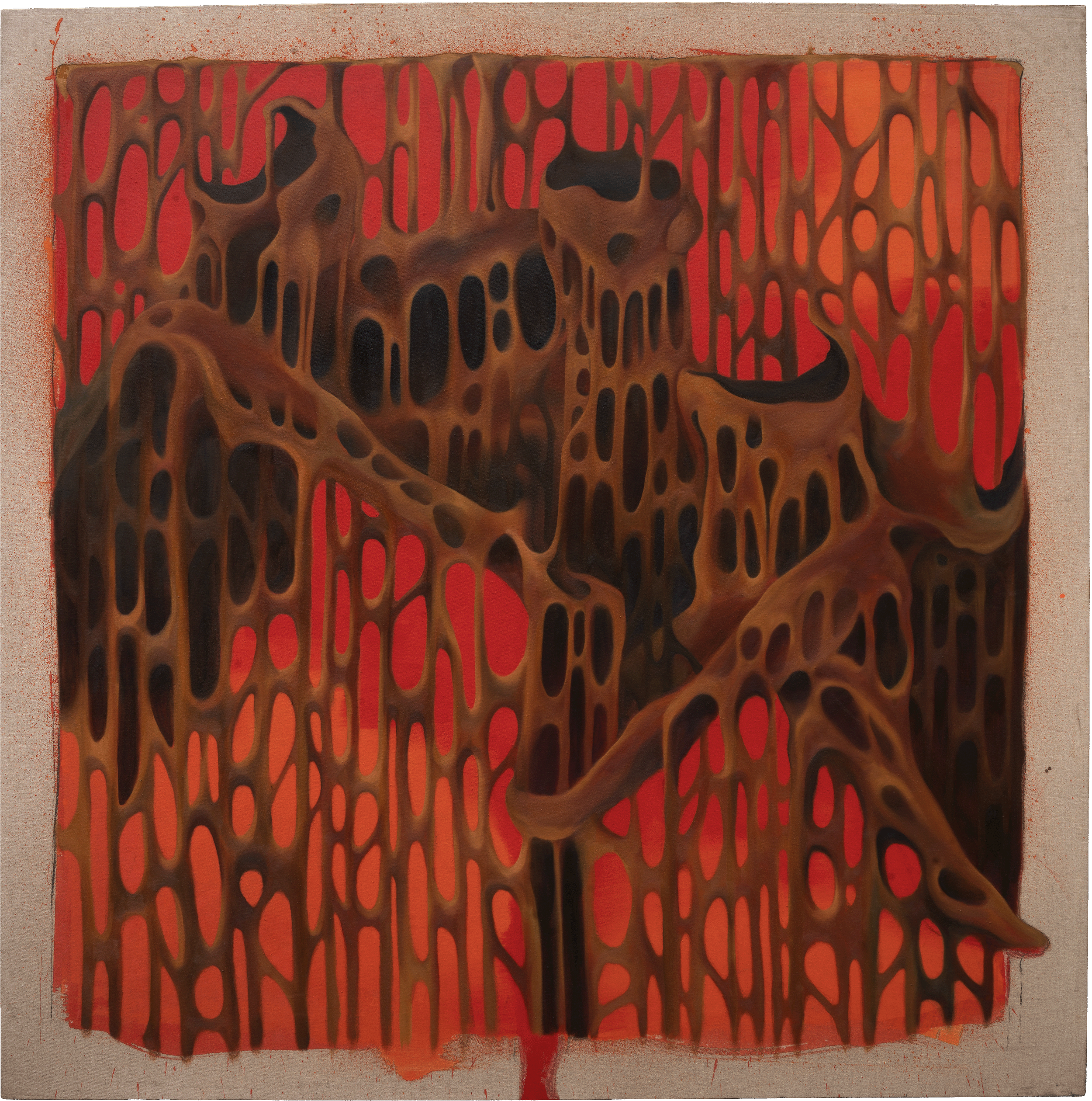 Abstract painting with red, black, and brown flowing lines and shapes on a textured beige background.