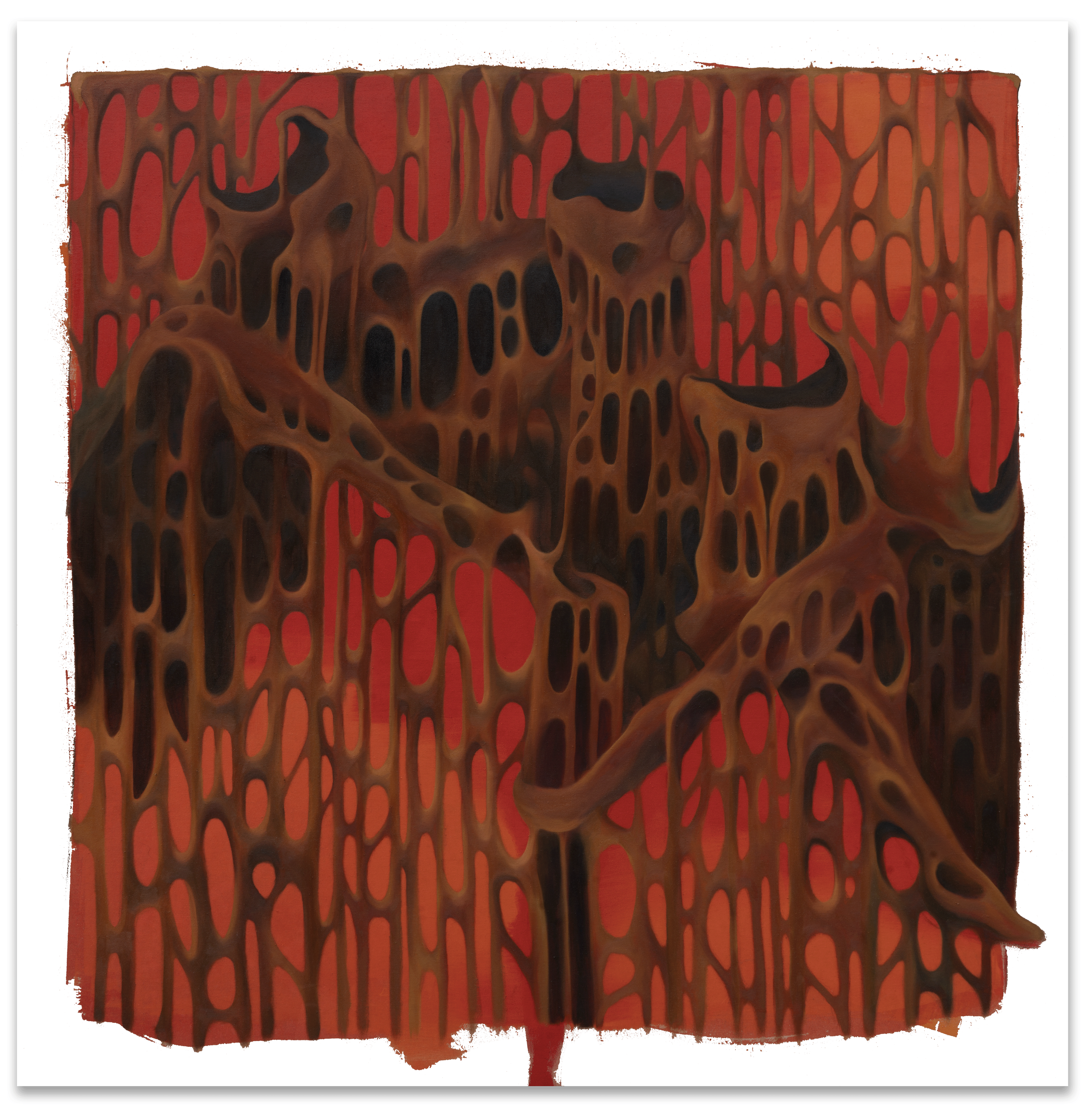 Close-up of a painting with a red background and brown and black abstract organic shapes and lines.