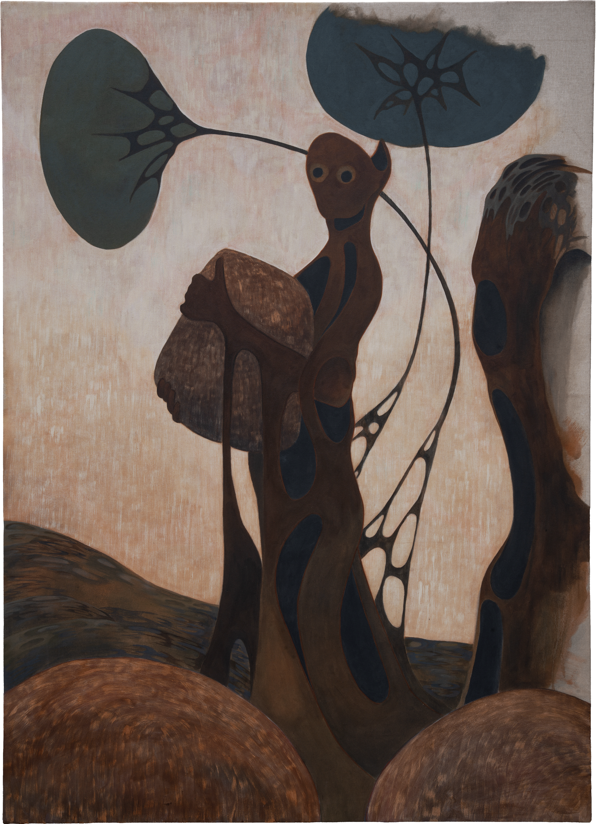 Abstract painting featuring dark brown trees with black and blue leaves, set against a muted beige background with rolling brown hills at the bottom.