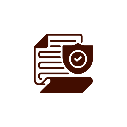 Icon of a document with lines of text and a shield with a check mark, representing security or verification.