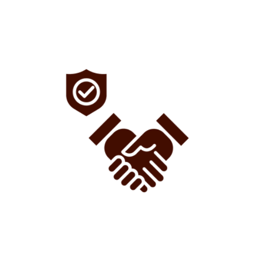 Two hands shaking with a shield symbol featuring a checkmark above them.