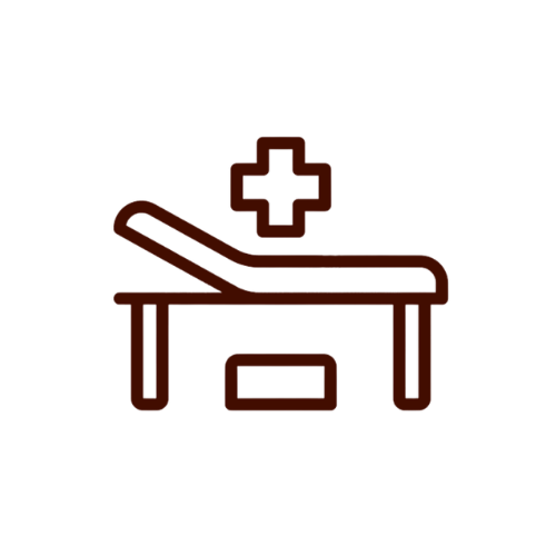 Outline of a hospital bed with a cross above it, representing medical or healthcare services.