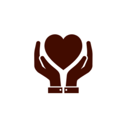 Design of two hands holding a heart, with an eye symbol above, representing care and protection.