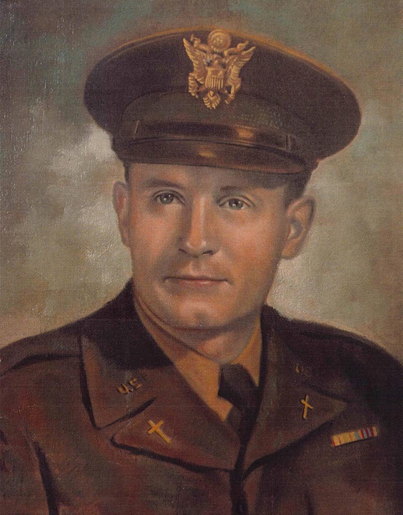Formal painted portrait of a U.S. Army chaplain in uniform with cap and insignia, facing forward