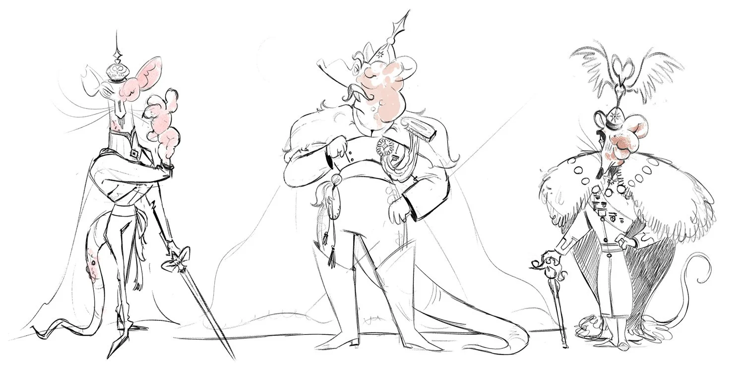 The Nutcracker but everybody is a nut except of the Rat king, who is allergic to nuts. Rat king design in black and white, line.