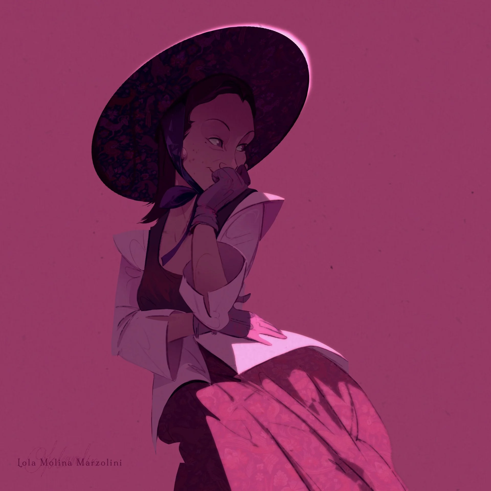 Portrait of a pink lady wearing a big hat and looking shy.